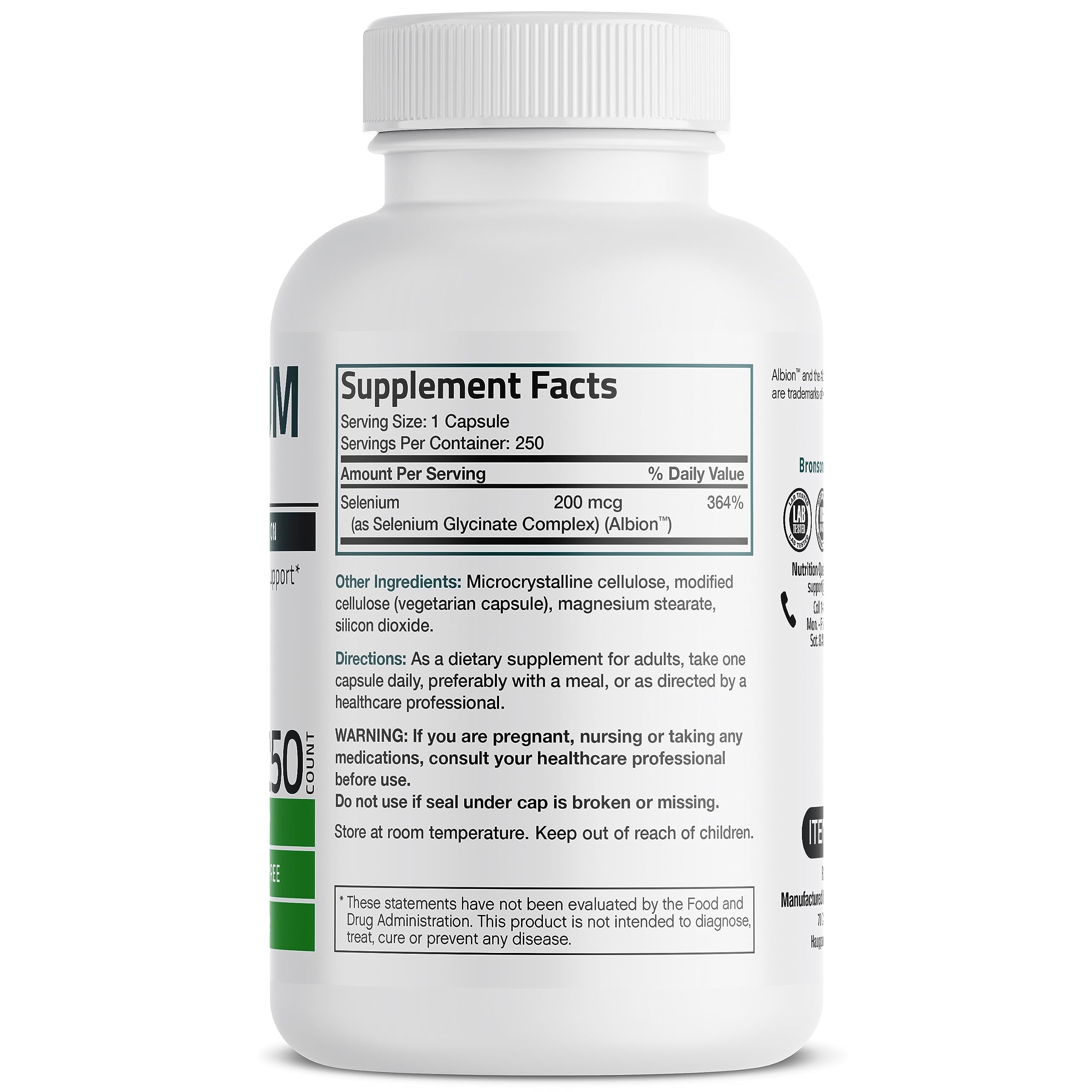 Bronson chelated amino acid complex yeast free selenium supplement bottle label facts