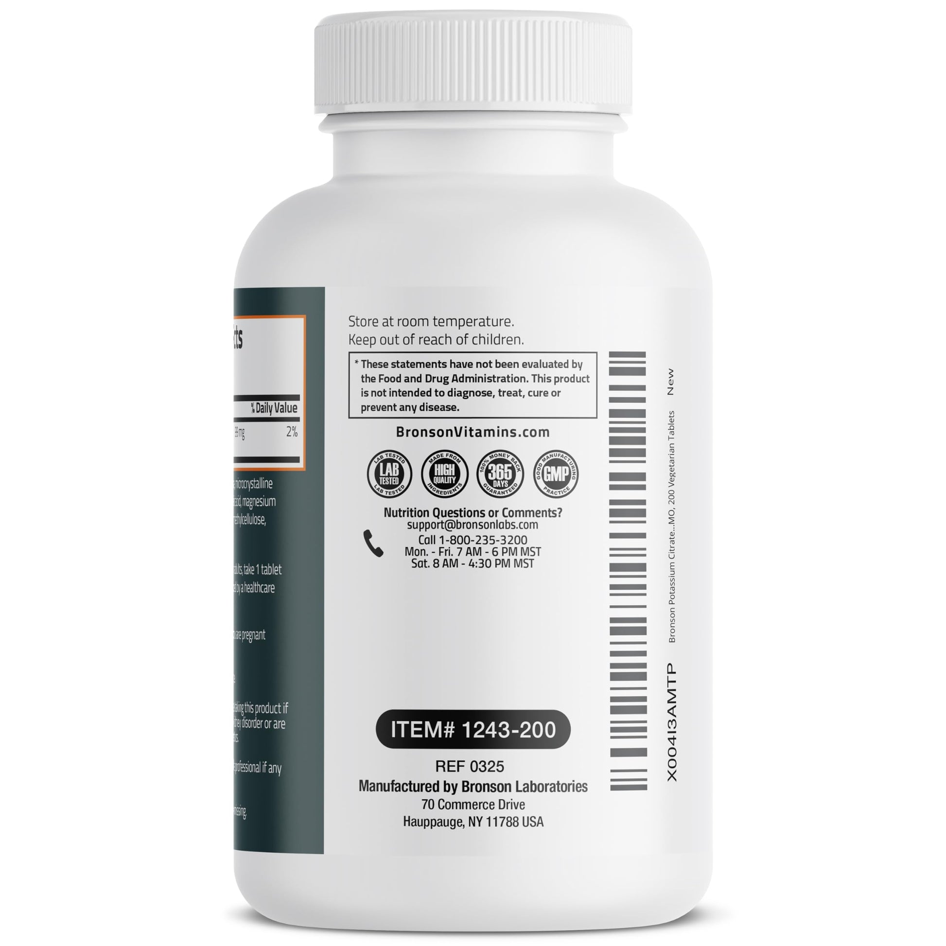 Authentic Bronson Potassium Citrate two hundred count bottle showcasing secure lid seal and allergen warnings