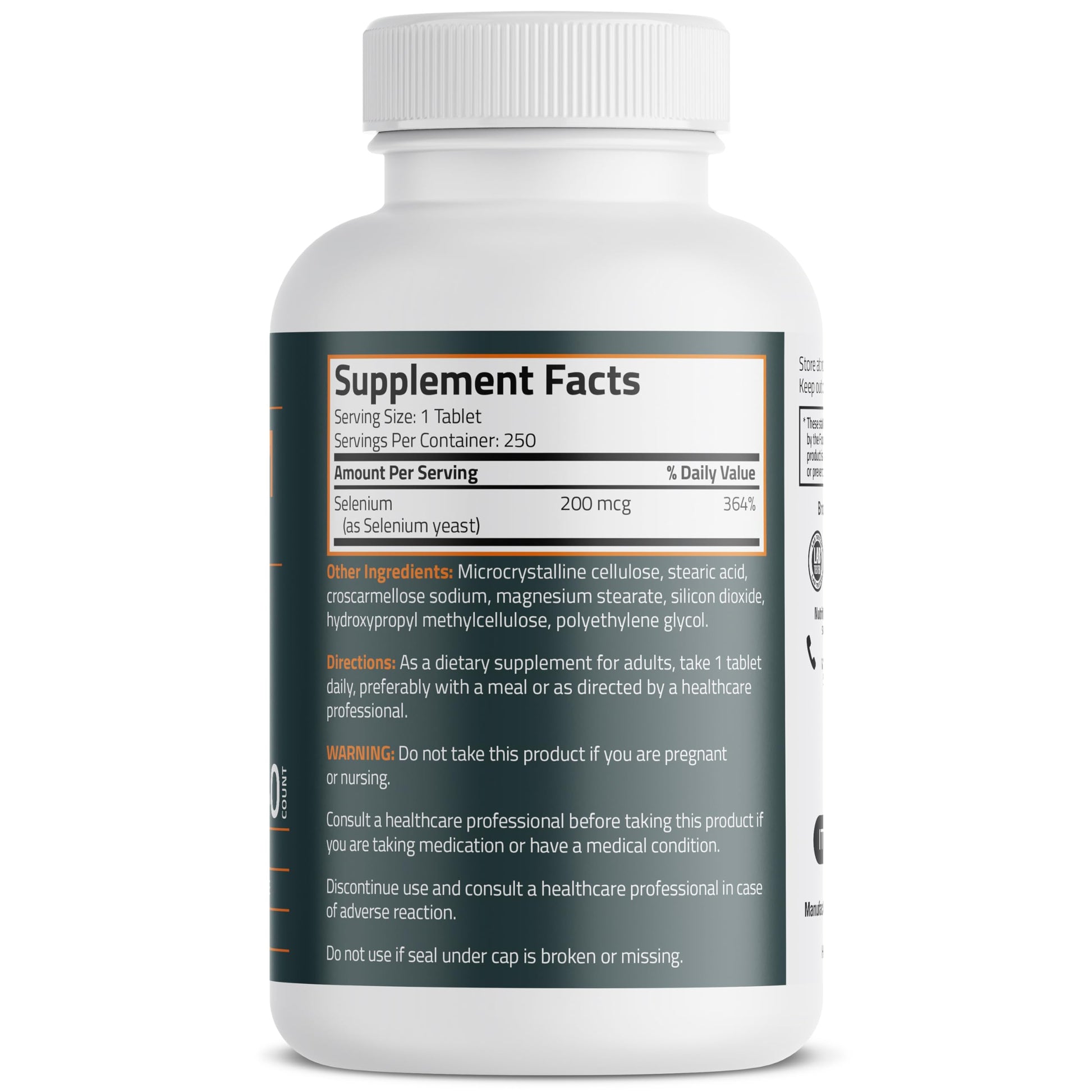 Bronson Basics Selenium 200 MCG supplement bottle showing nutritional facts label