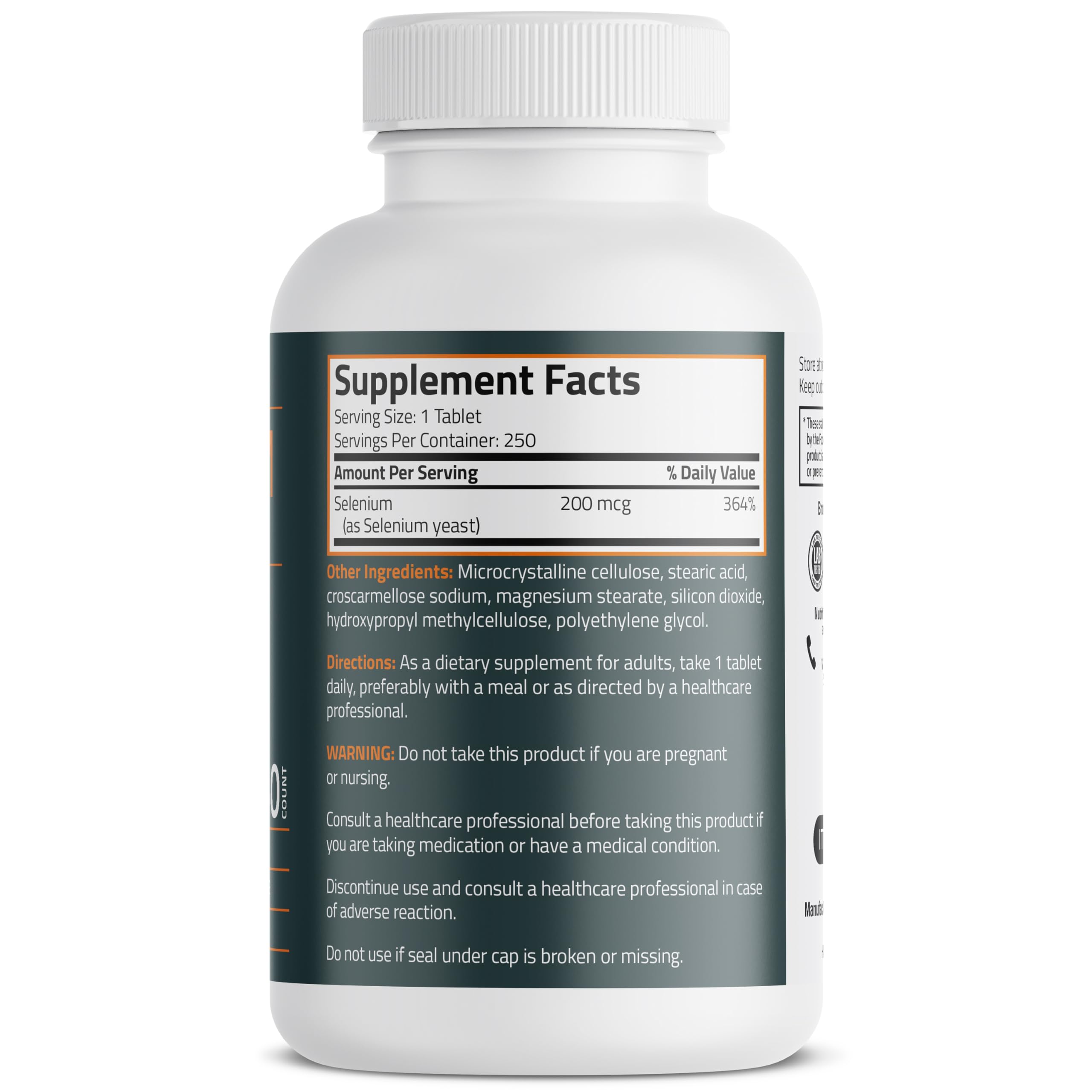 Bronson Basics Selenium 200 MCG supplement bottle showing nutritional facts label