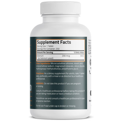 Bronson Basics Selenium 200 MCG supplement bottle showing nutritional facts label