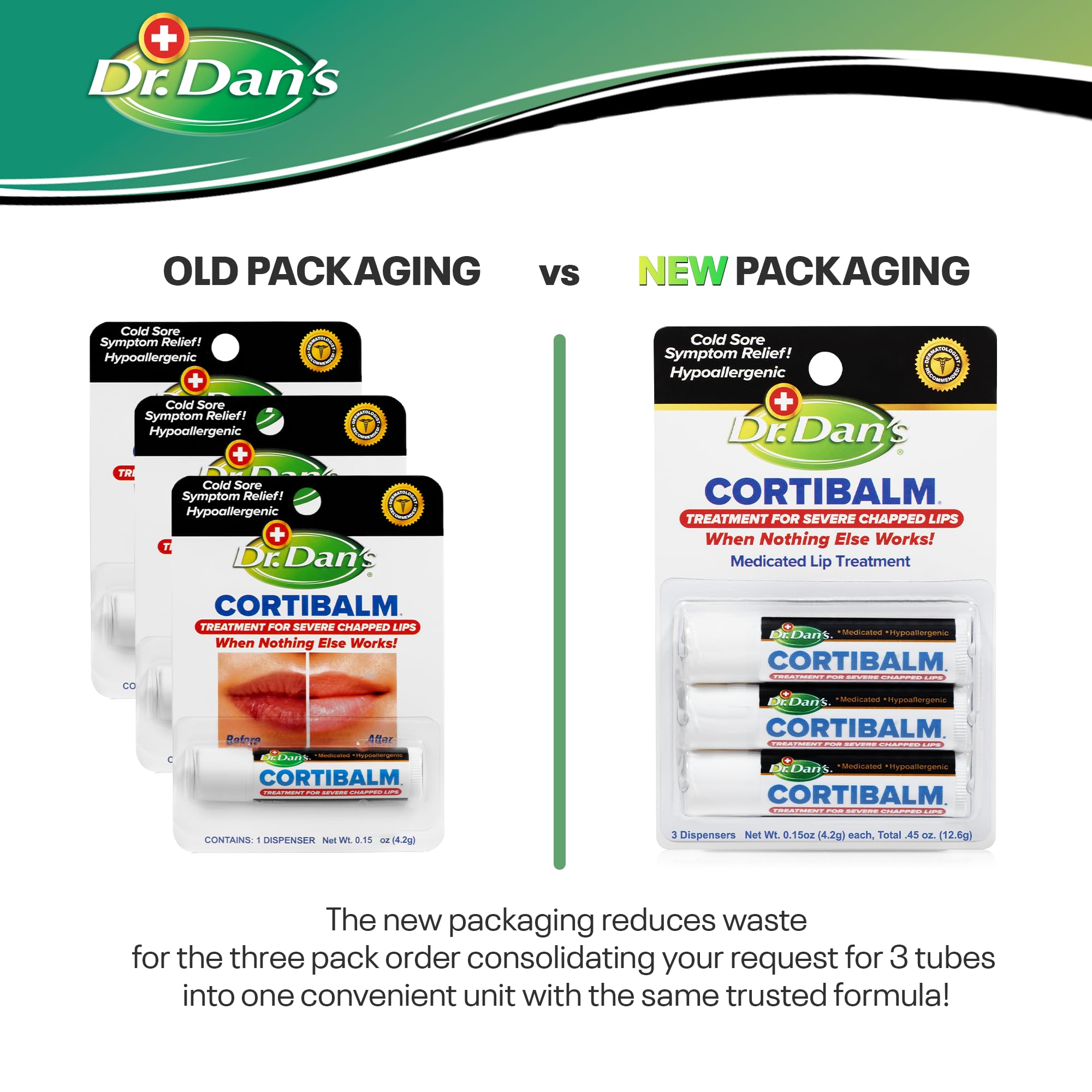 Three individual Dr. Dan's Cortibalm medicated lip balm sticks