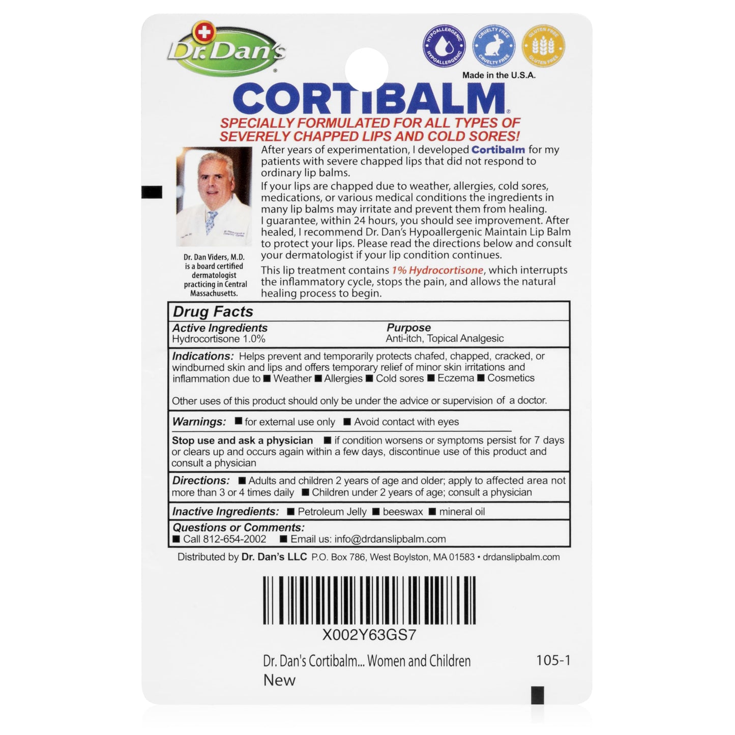 Dr. Dan's Cortibalm packaging showing 1 percent hydrocortisone benefit
