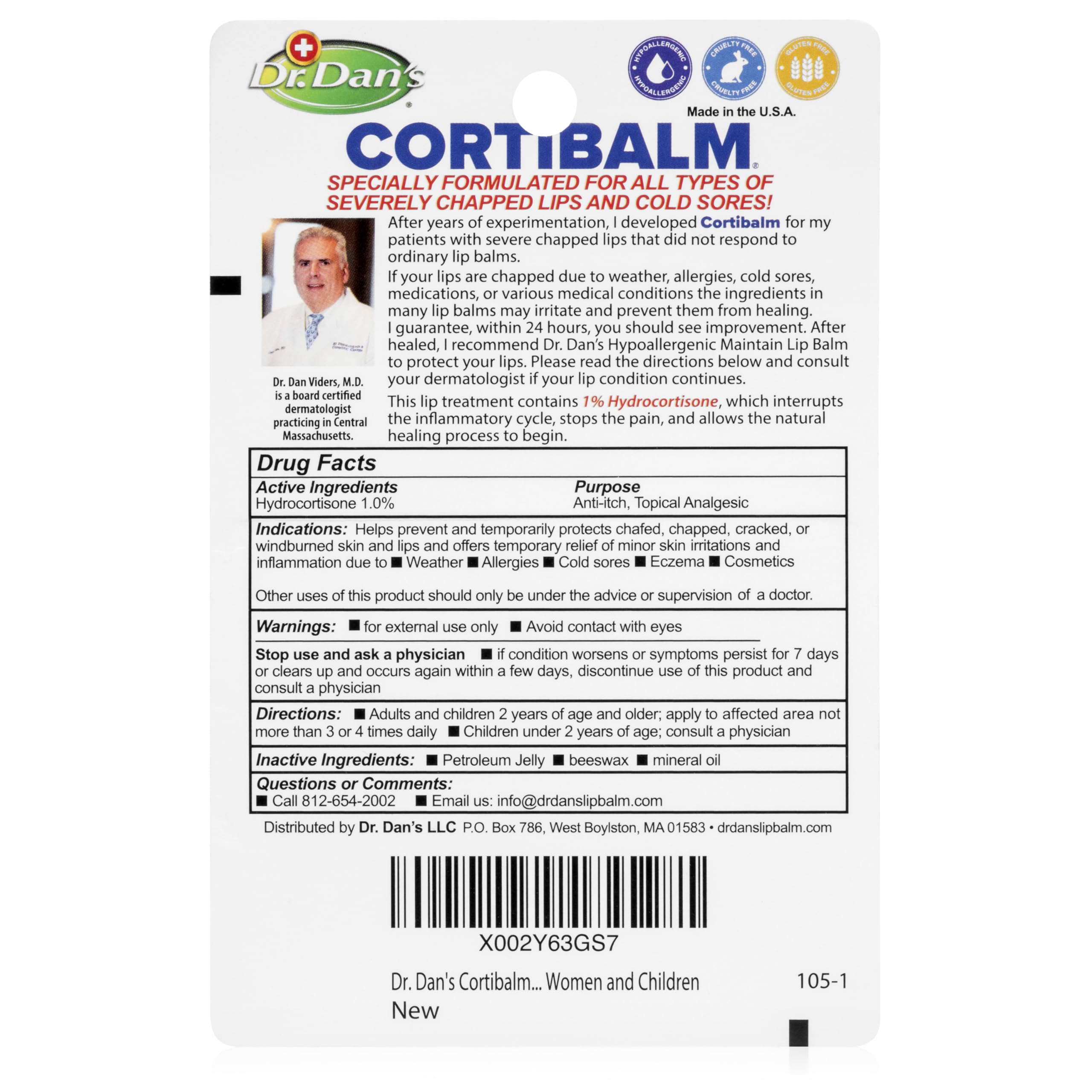 Dr. Dan's Cortibalm packaging showing 1 percent hydrocortisone benefit