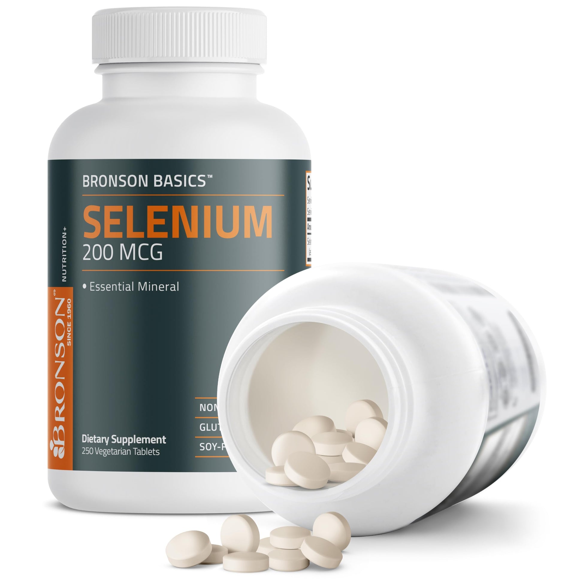 Side view of Bronson Selenium bottle detailing ingredient specifications and certifications