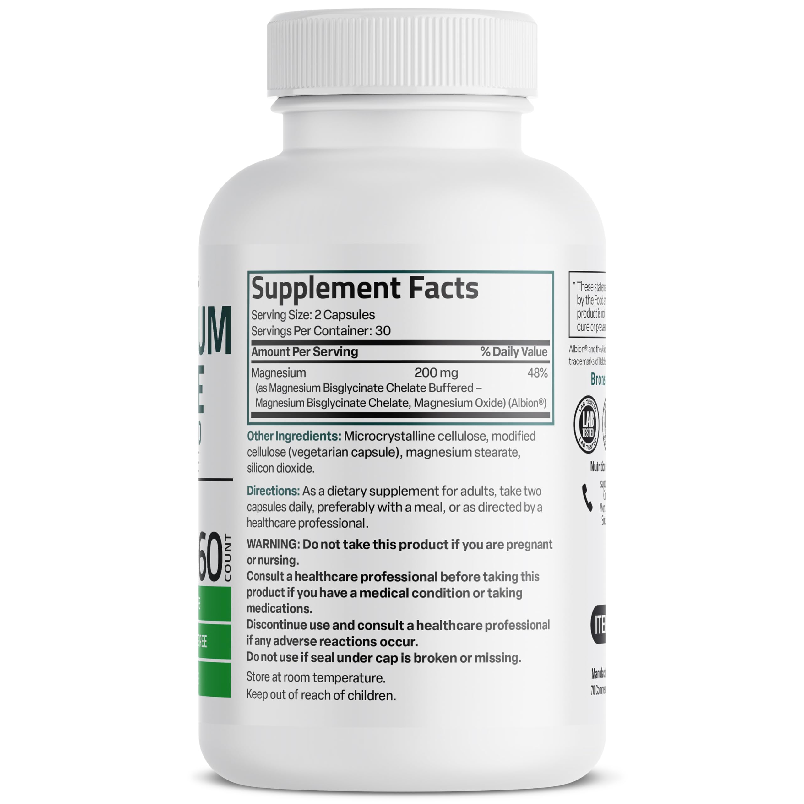 Side angle view of Bronson Magnesium Glycinate supplement showing high absorption benefits
