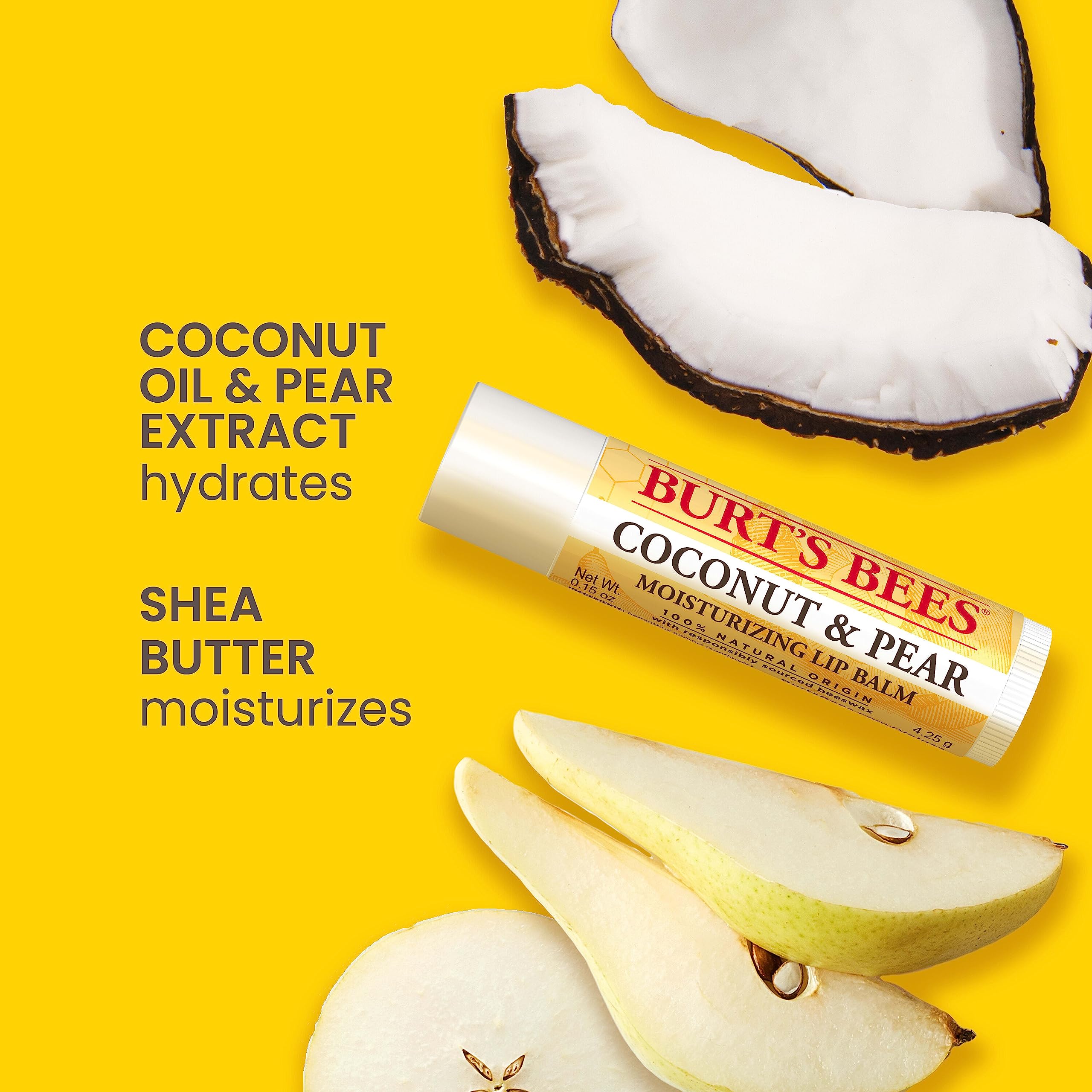 Burt's Bees lip balm collection featuring original beeswax strawberry vanilla bean and coconut pear flavors.