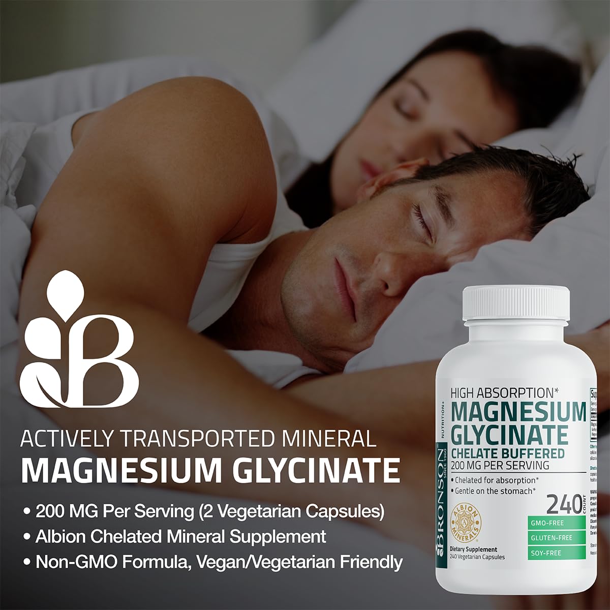 Back label of Bronson chelated magnesium capsules displaying nutrition facts and ingredients