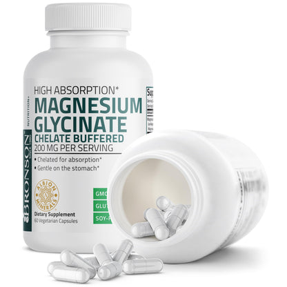 Two vegetarian capsules of Bronson chelated magnesium displayed next to the bottle