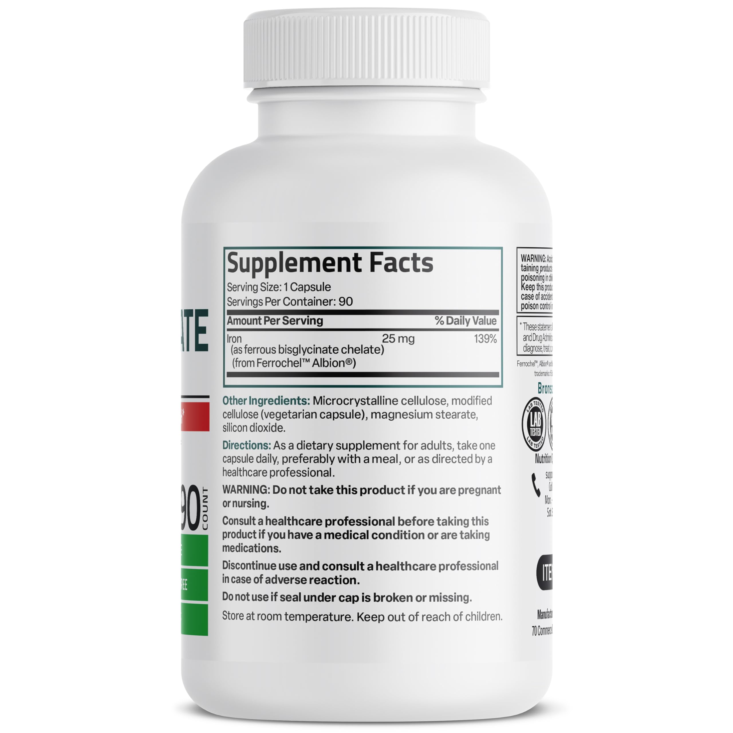 Bronson gentle iron supplement bottle showing nutritional facts and ingredients list.