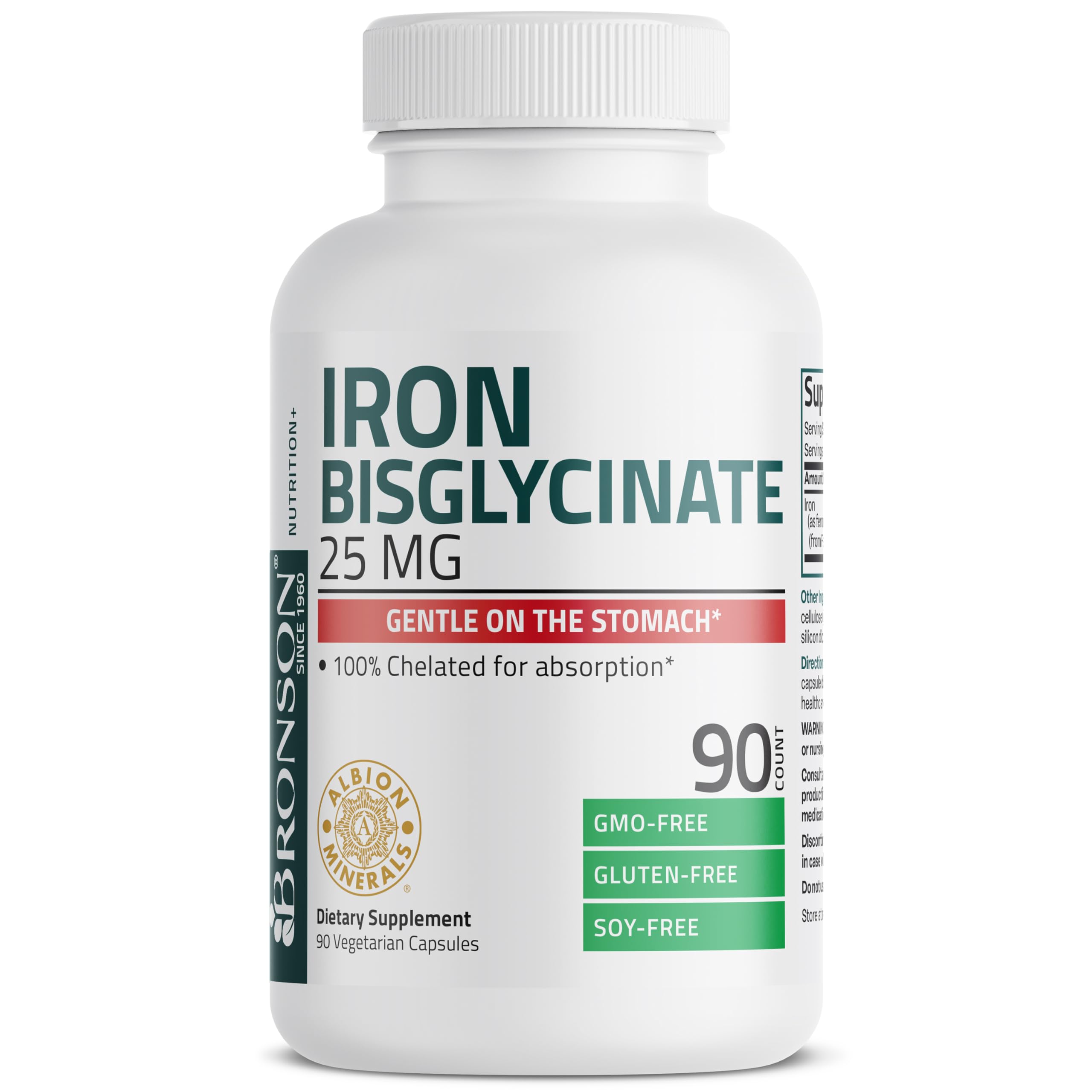 USA imported Bronson iron supplement packaging details highlighting clean non-GMO verification.