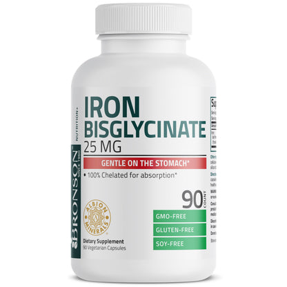 USA imported Bronson iron supplement packaging details highlighting clean non-GMO verification.