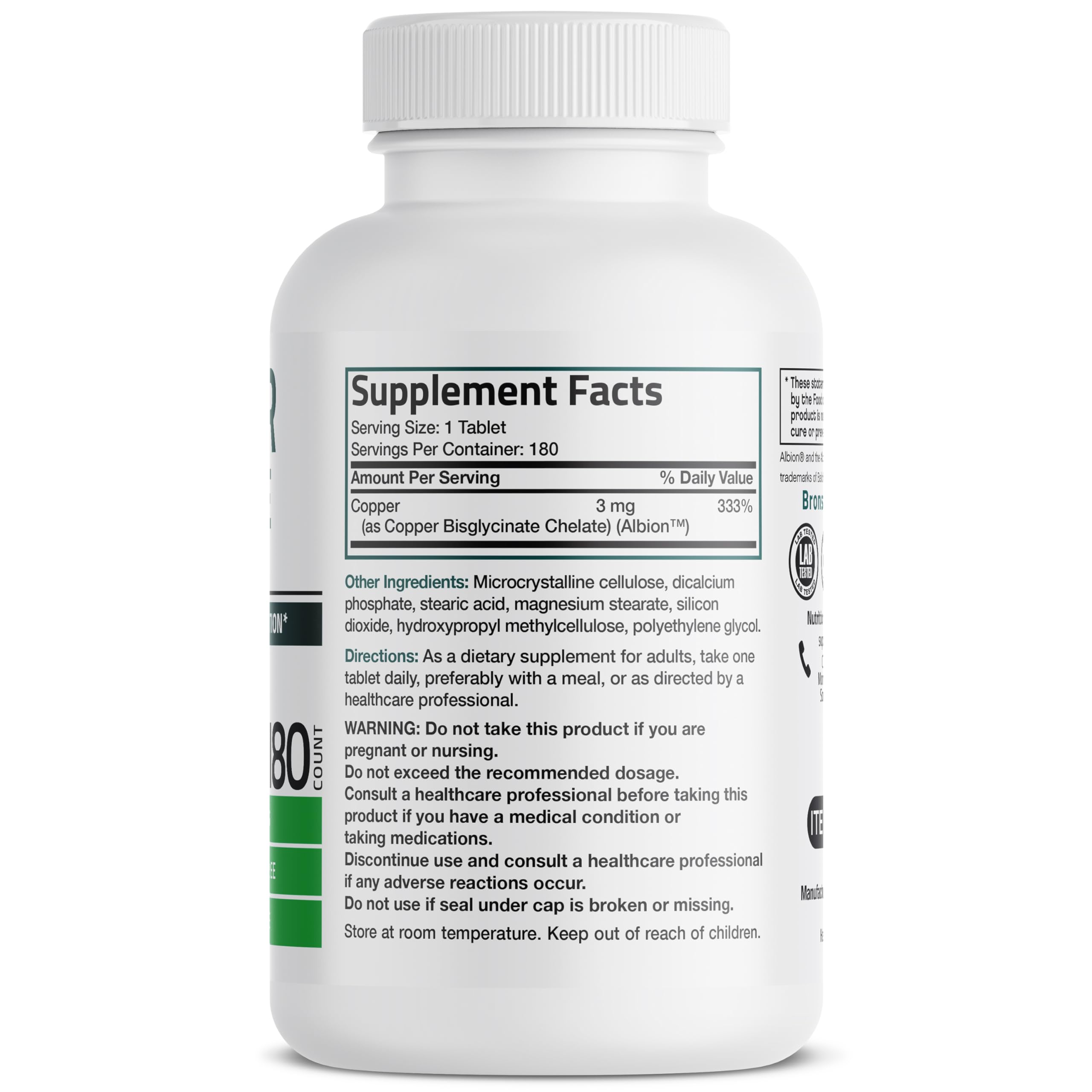 Bronson Copper Bisglycinate Chelate supplement nutrition facts label showing ingredients and dosage