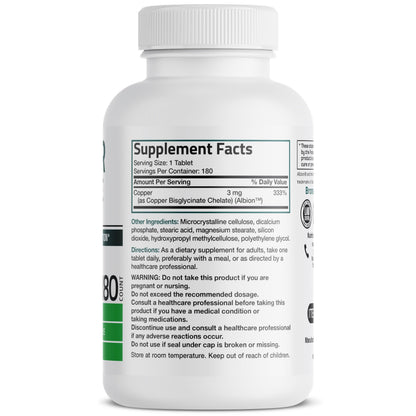 Bronson Copper Bisglycinate Chelate supplement nutrition facts label showing ingredients and dosage