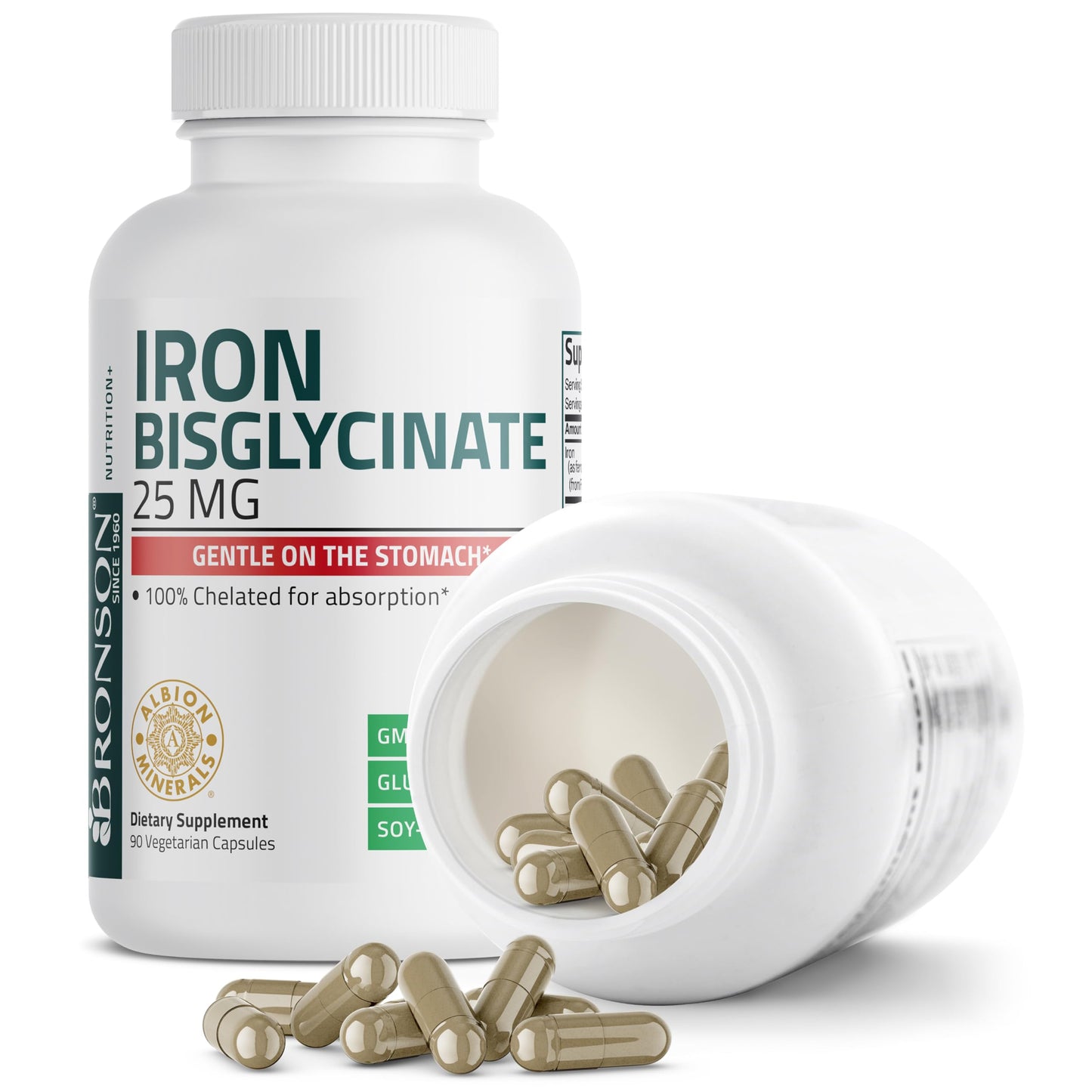 Side view of Bronson iron bisglycinate dietary supplement for daily energy enhancement.