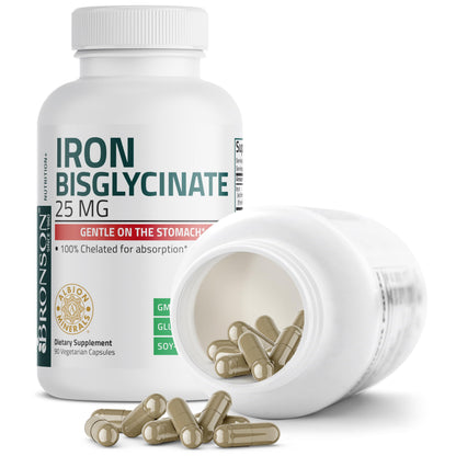 Side view of Bronson iron bisglycinate dietary supplement for daily energy enhancement.
