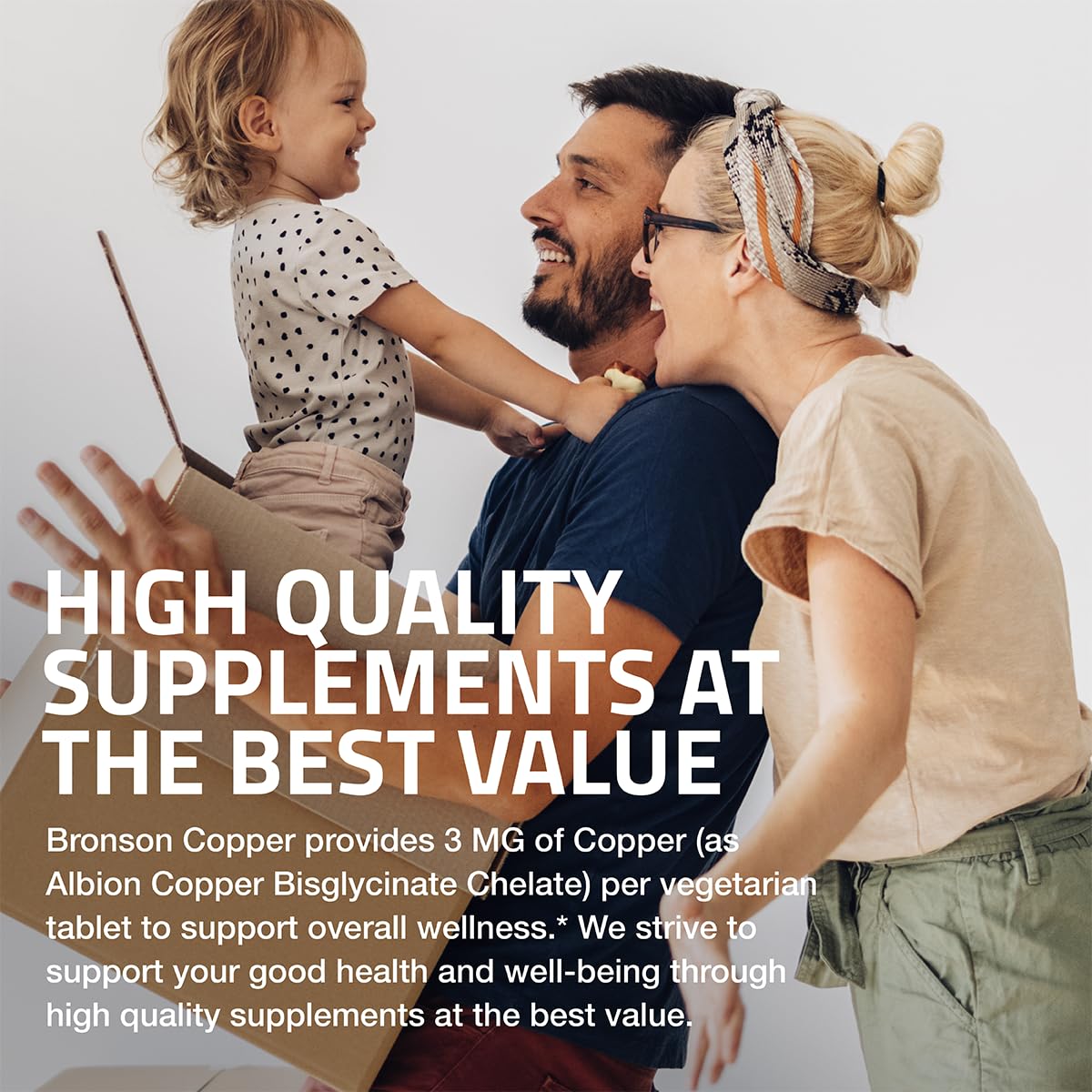 Side angle view of Bronson non-GMO gluten-free copper supplement for daily energy support