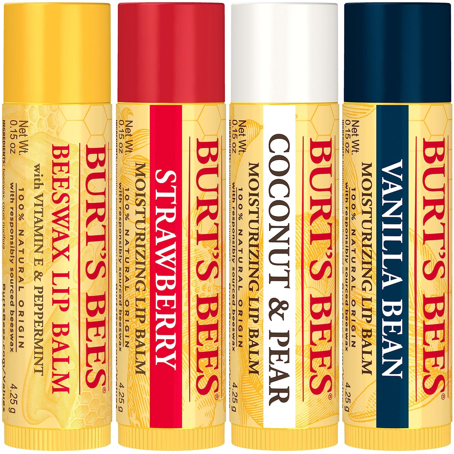 Burt's Bees four tube multipack including fruit extracts and responsibly sourced beeswax.