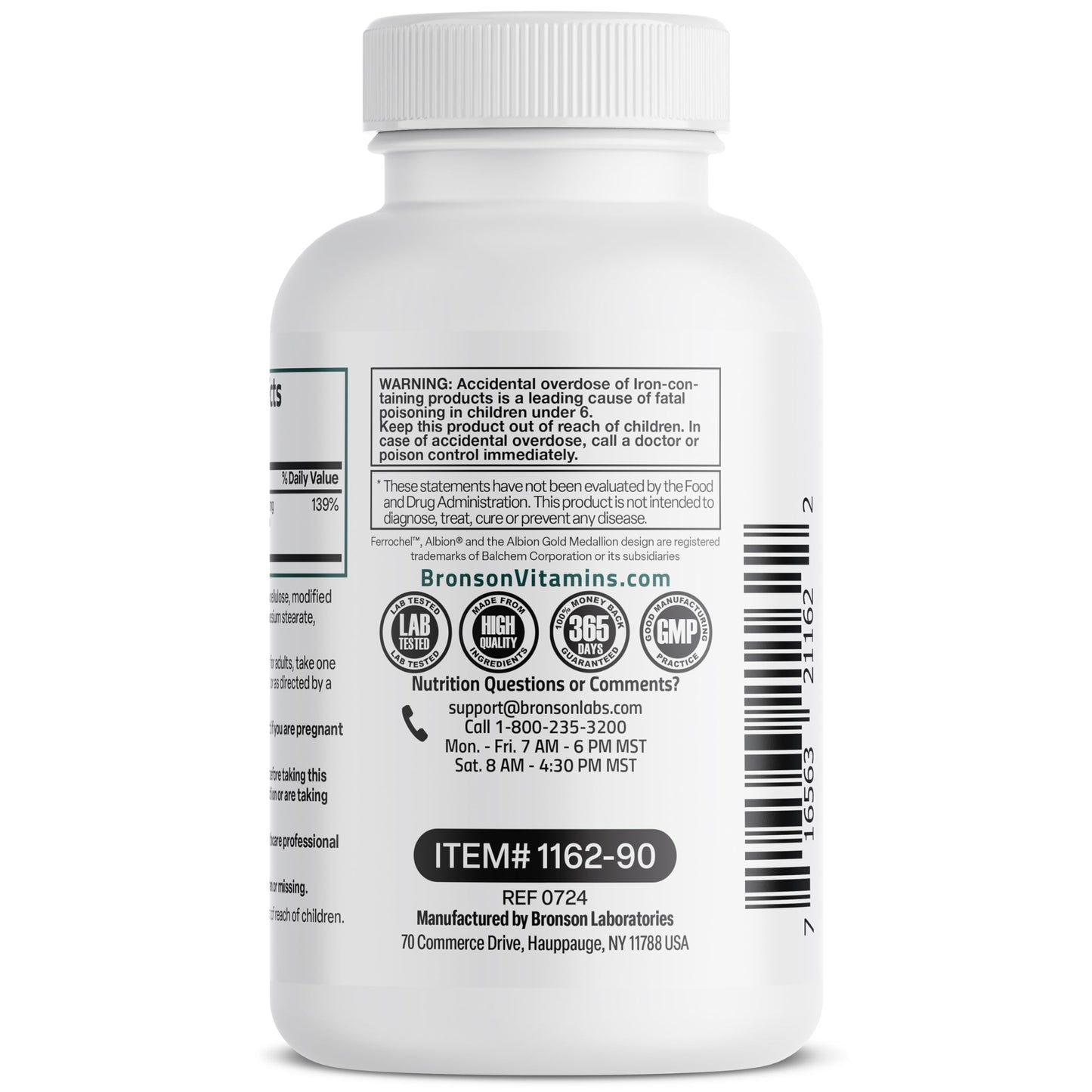 Bronson iron bisglycinate bottle display showcasing the vegetarian capsule certification badge.