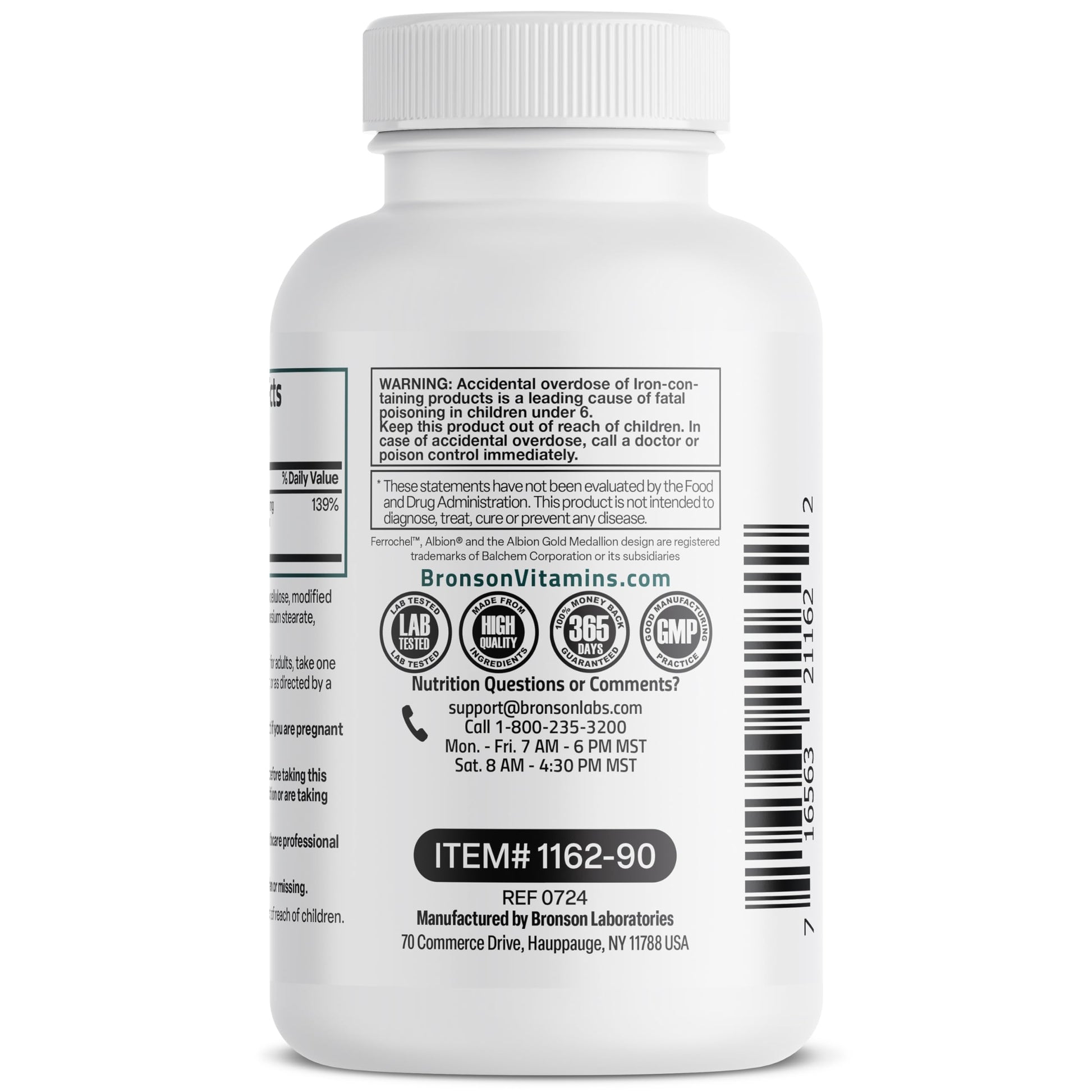 Bronson iron bisglycinate bottle display showcasing the vegetarian capsule certification badge.