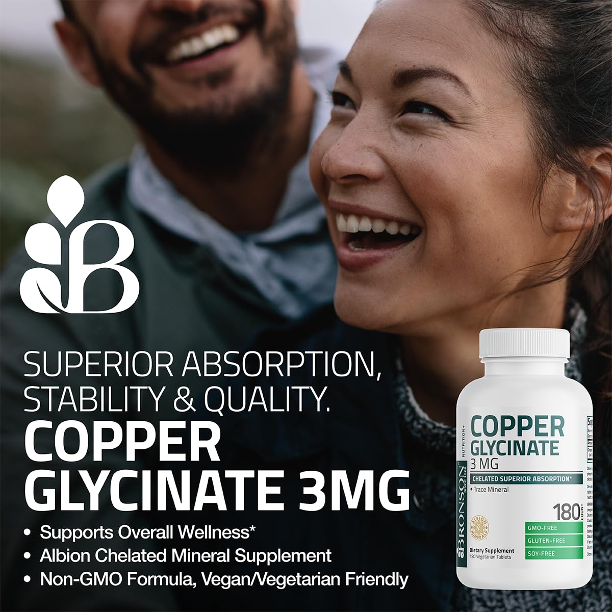 Authentic USA imported Bronson copper glycinate vegetarian tablets bottle showing Albion minerals logo