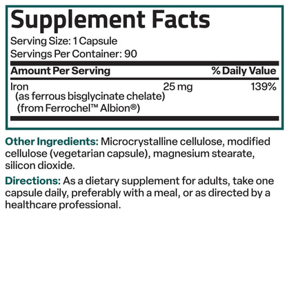 Bronson iron bisglycinate supplement highlighting the 90 count product quantity.