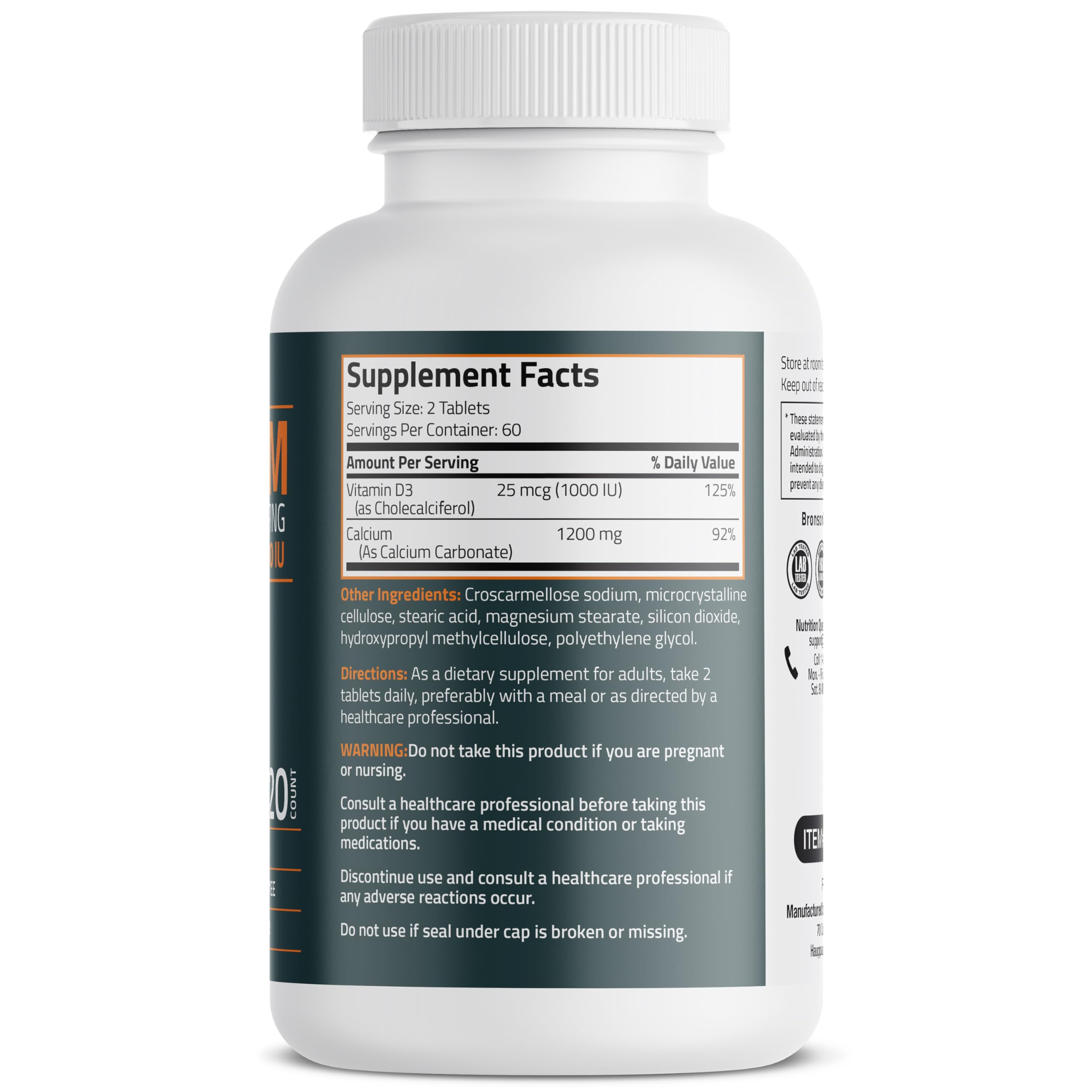 Bronson Calcium 1200mg tablets supplement bottle label details