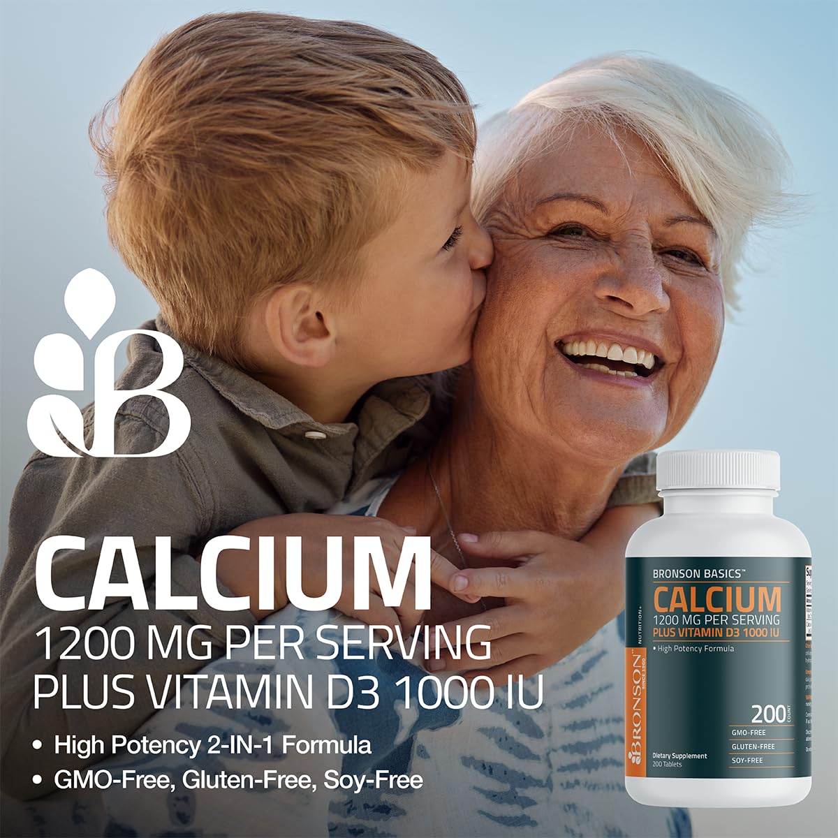 Back view of Bronson Calcium Vitamin D3 bottle showing nutritional facts