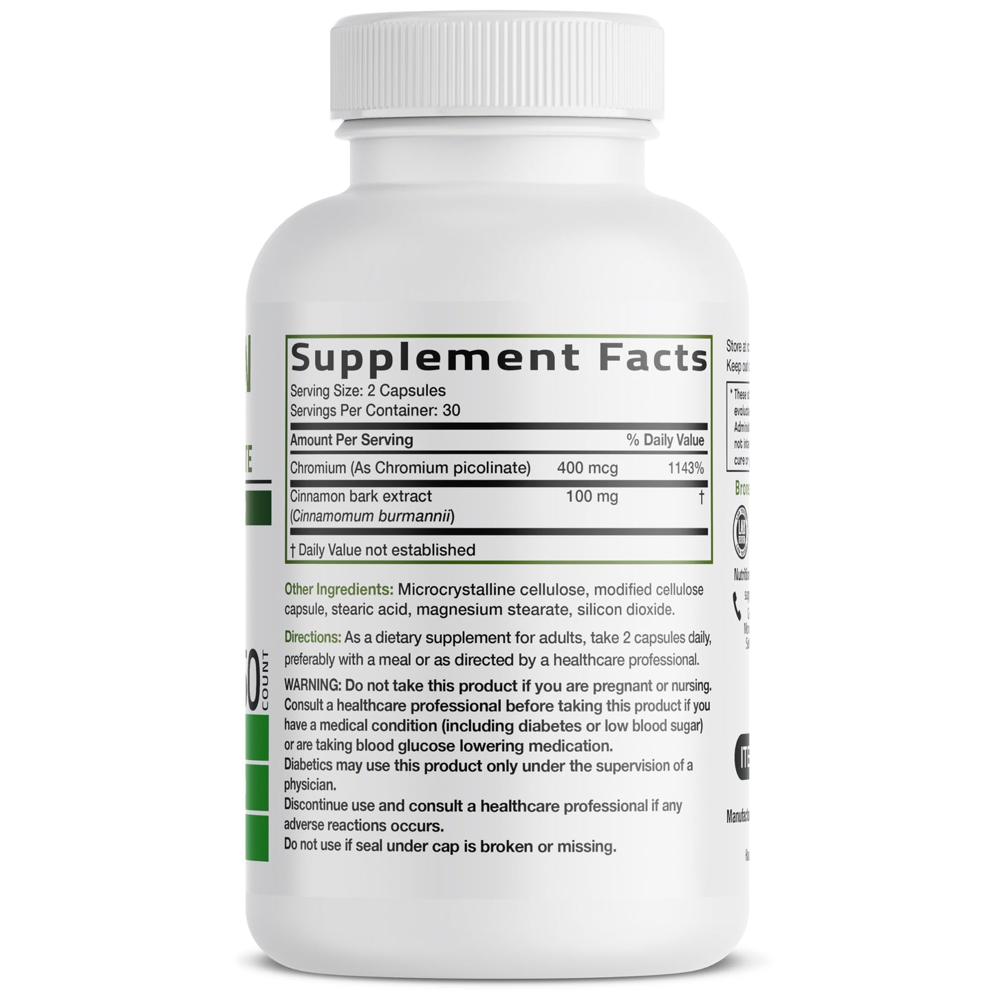 Bronson Cinnamon Plus Chromium supplement bottle label details
