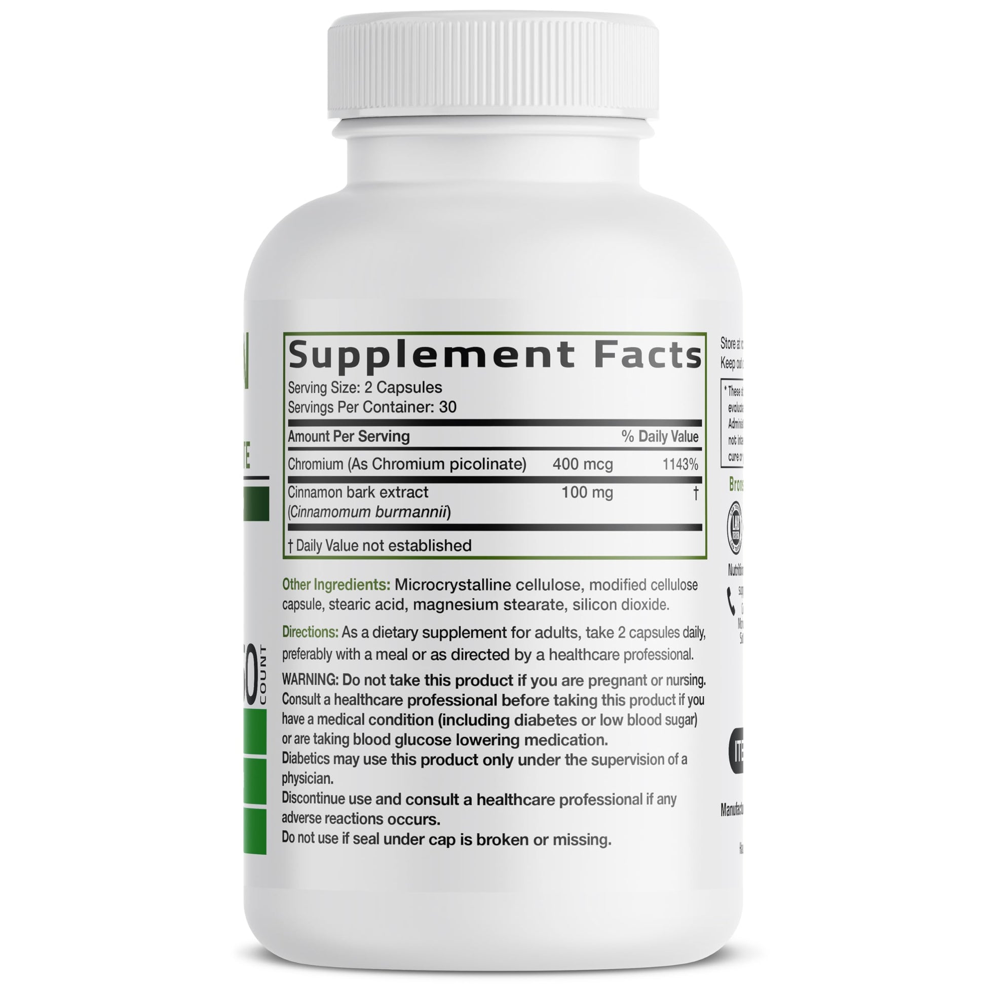 Bronson Cinnamon Plus Chromium supplement bottle label details