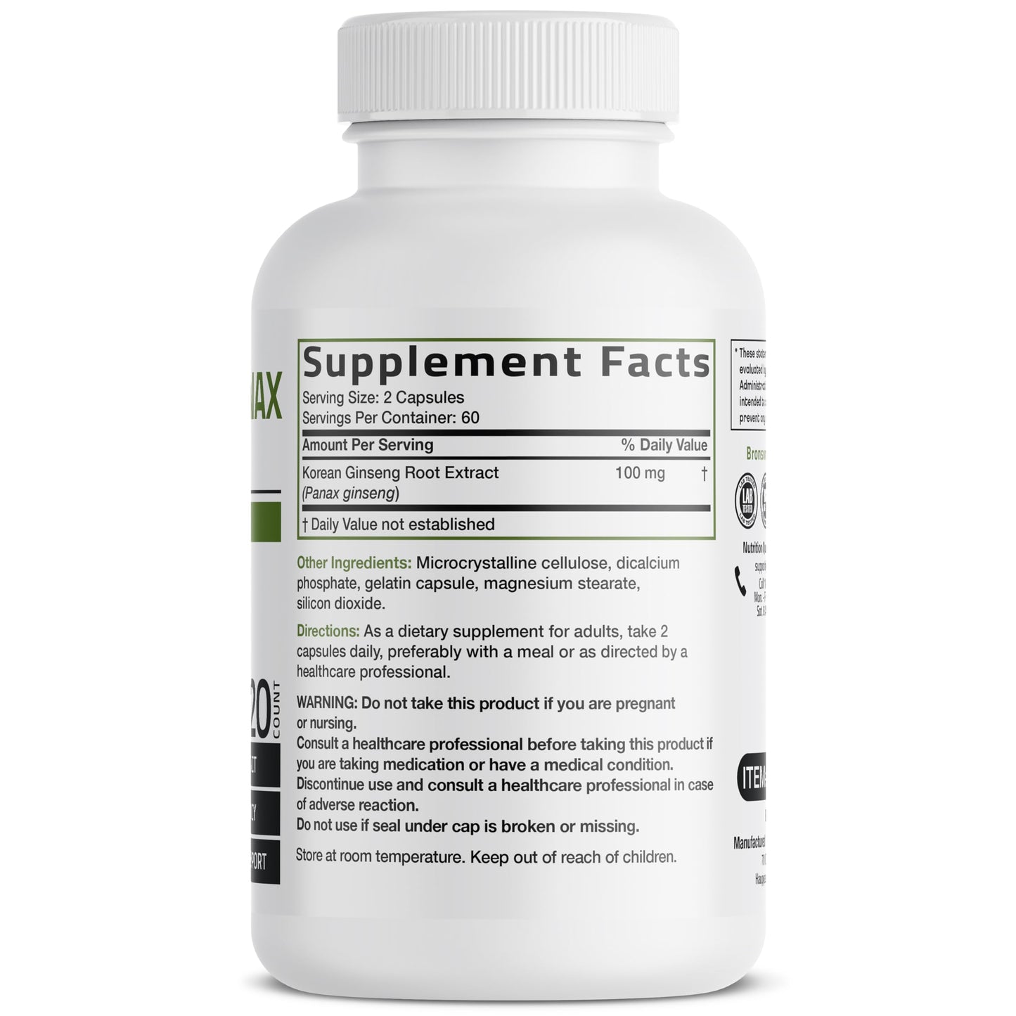 Bronson Korean Panax Ginseng supplement facts label