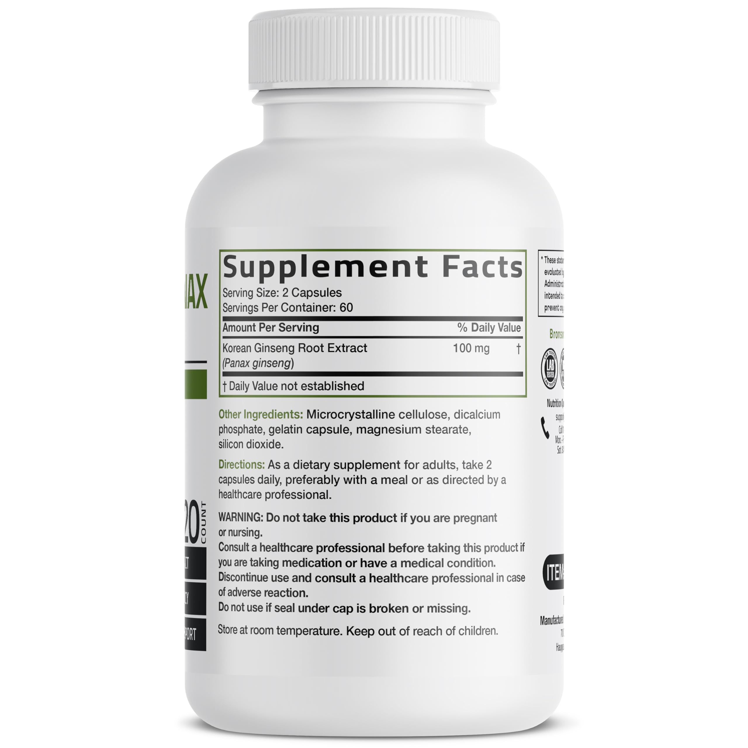 Bronson Korean Panax Ginseng supplement facts label