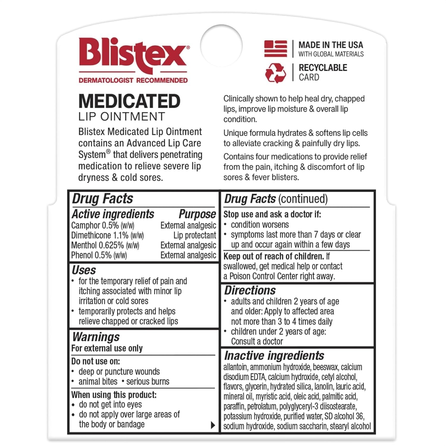 Blistex intensive lip protectant packaging showing active ingredients