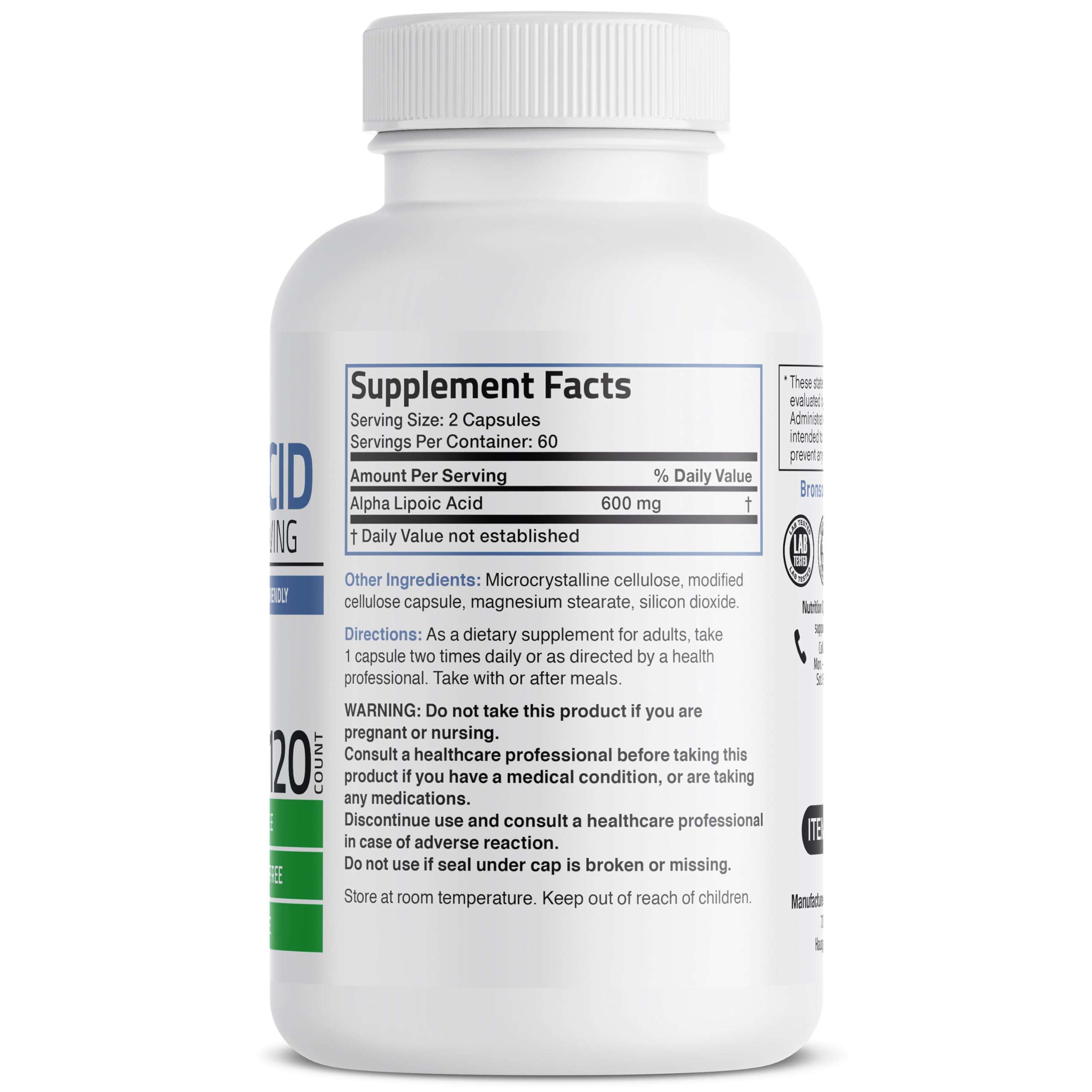 Side angle view of Bronson Alpha Lipoic Acid supplement bottle detailing non-GMO and gluten-free seals
