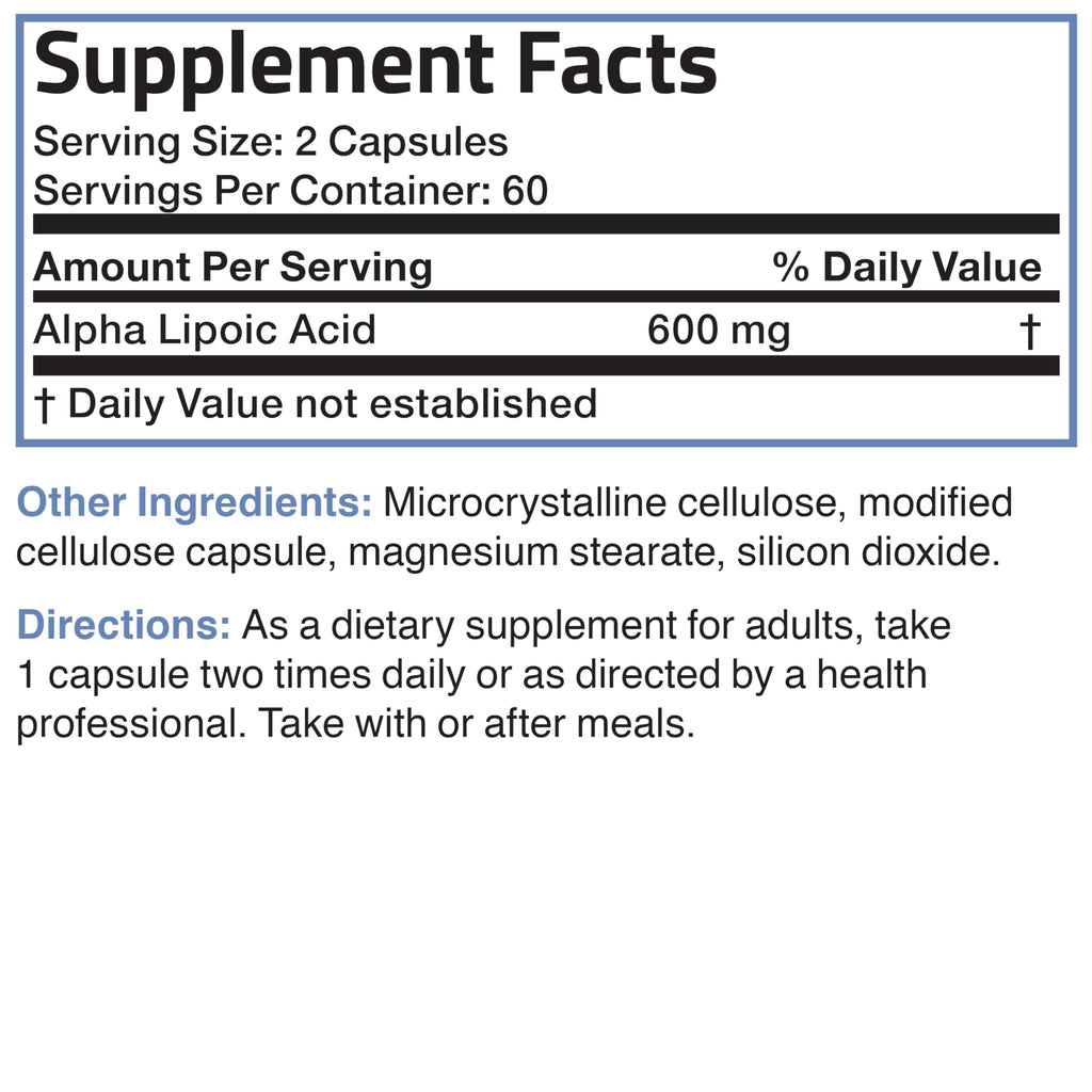 Close up of Bronson Alpha Lipoic Acid nutritional facts panel