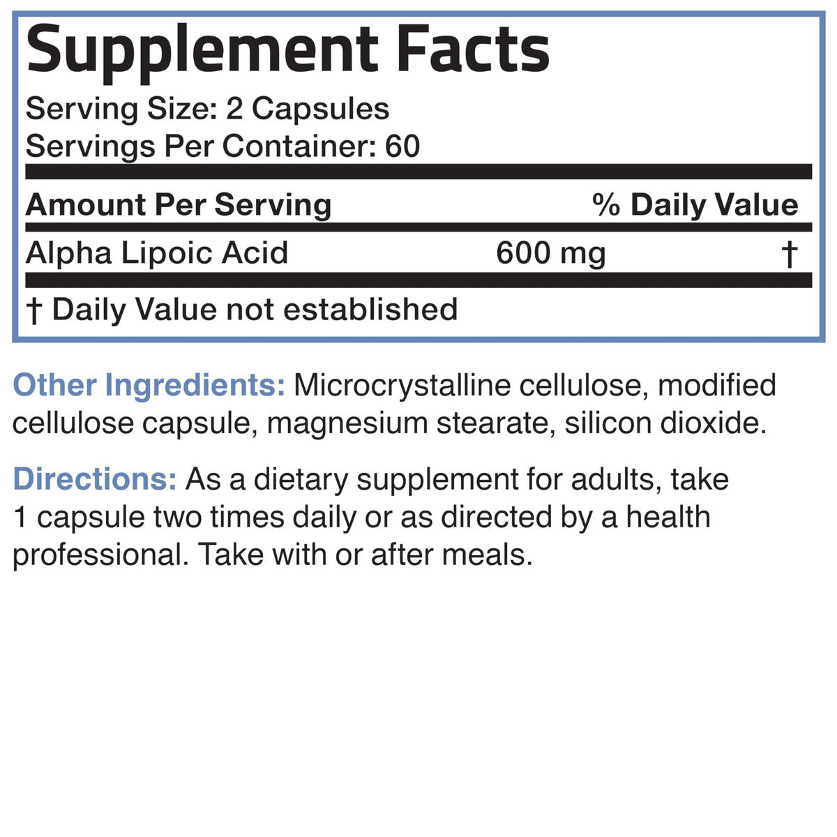 Close up of Bronson Alpha Lipoic Acid nutritional facts panel