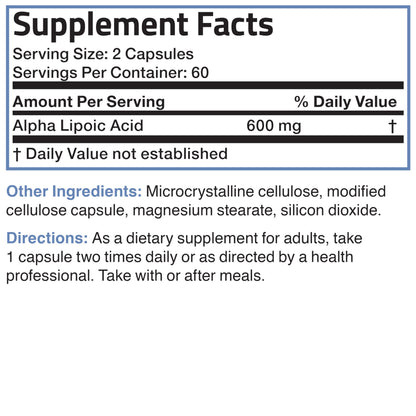 Full product shot of authentic imported Bronson Alpha Lipoic Acid 600mg for daily antioxidant health