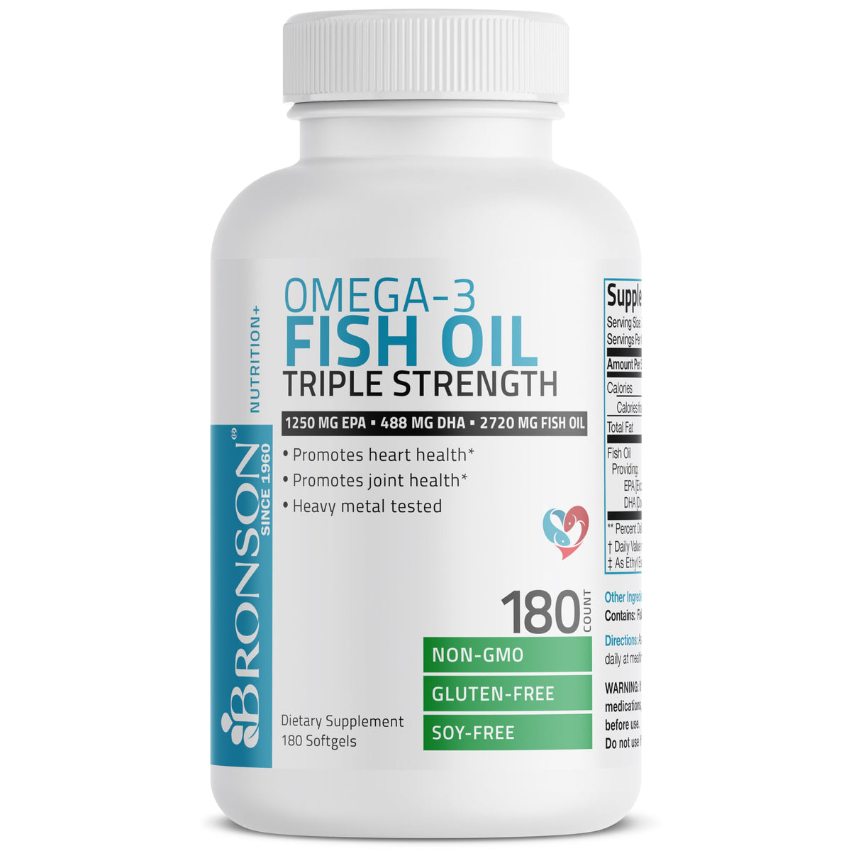 Bronson Triple Strength Omega 3 Bottle Showing Heavy Metal Tested Seal