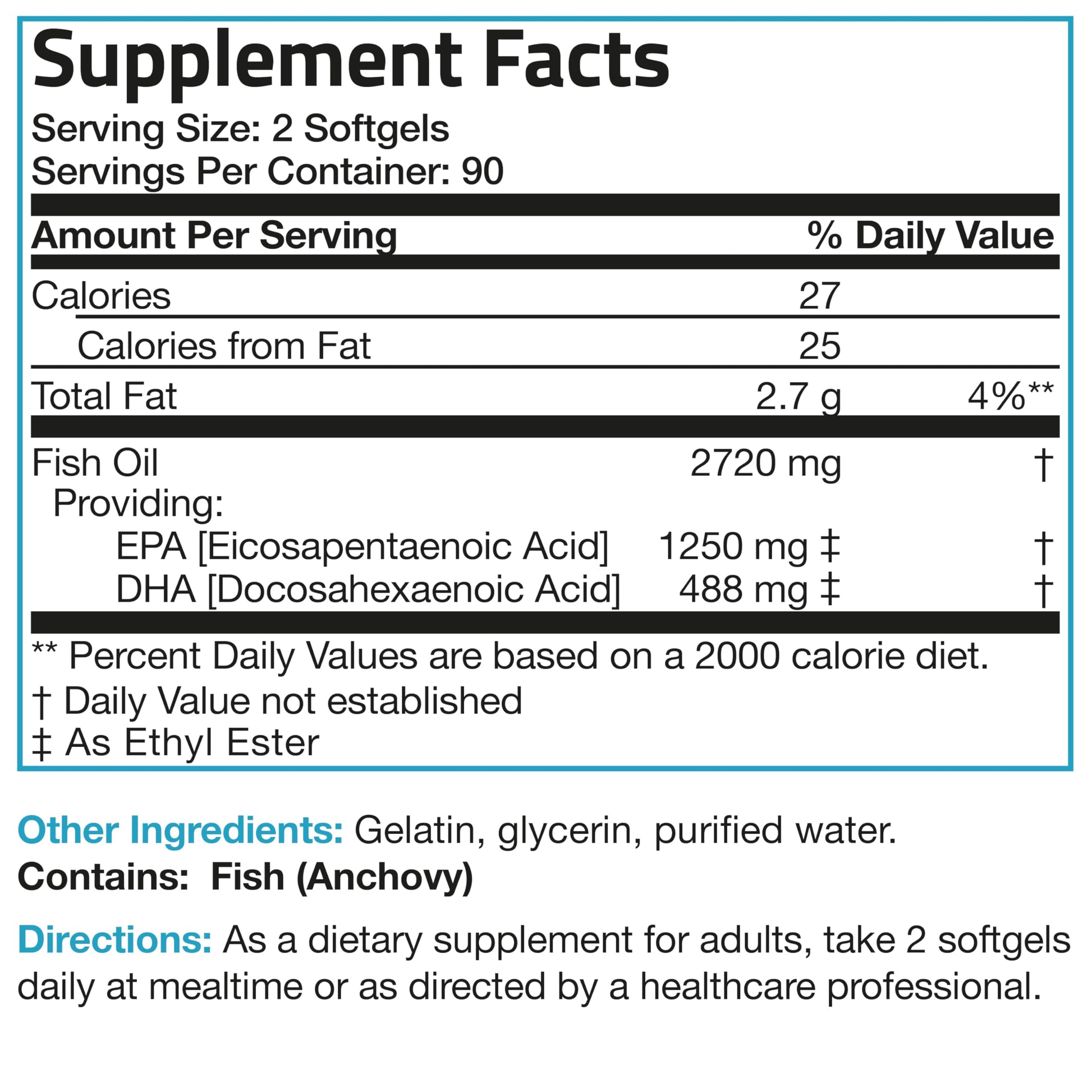 Pure anchovy sourced omega three fish oil softgels dietary facts panel