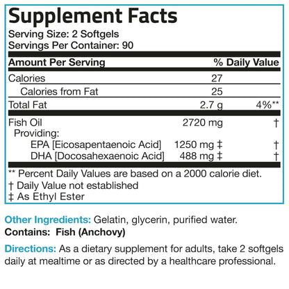 Pure anchovy sourced omega three fish oil softgels dietary facts panel