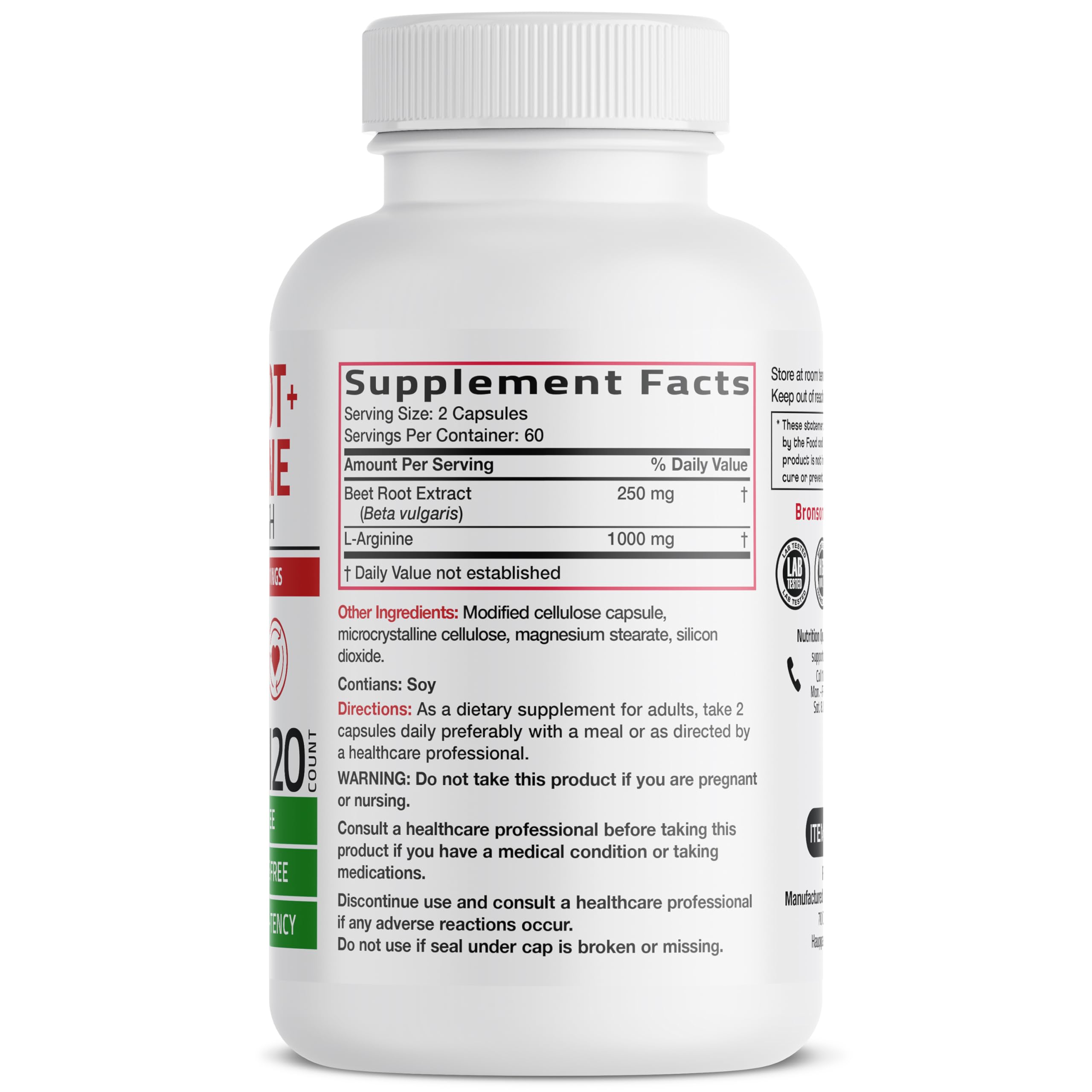 Bronson Beet Root and L-Arginine performance booster supplement supplement facts panel detailing the two thousand milligram blend.