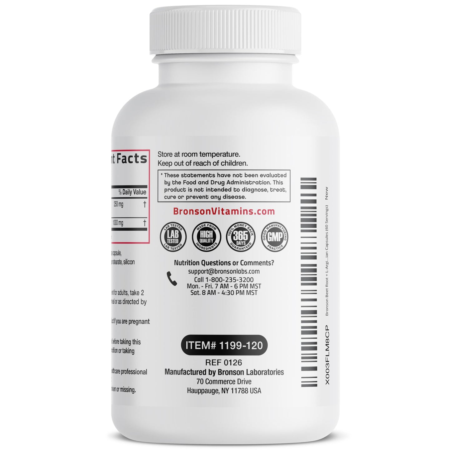Close-up of the ingredient list and usage instructions on a bottle of Bronson Beet Root Plus L-Arginine capsules.