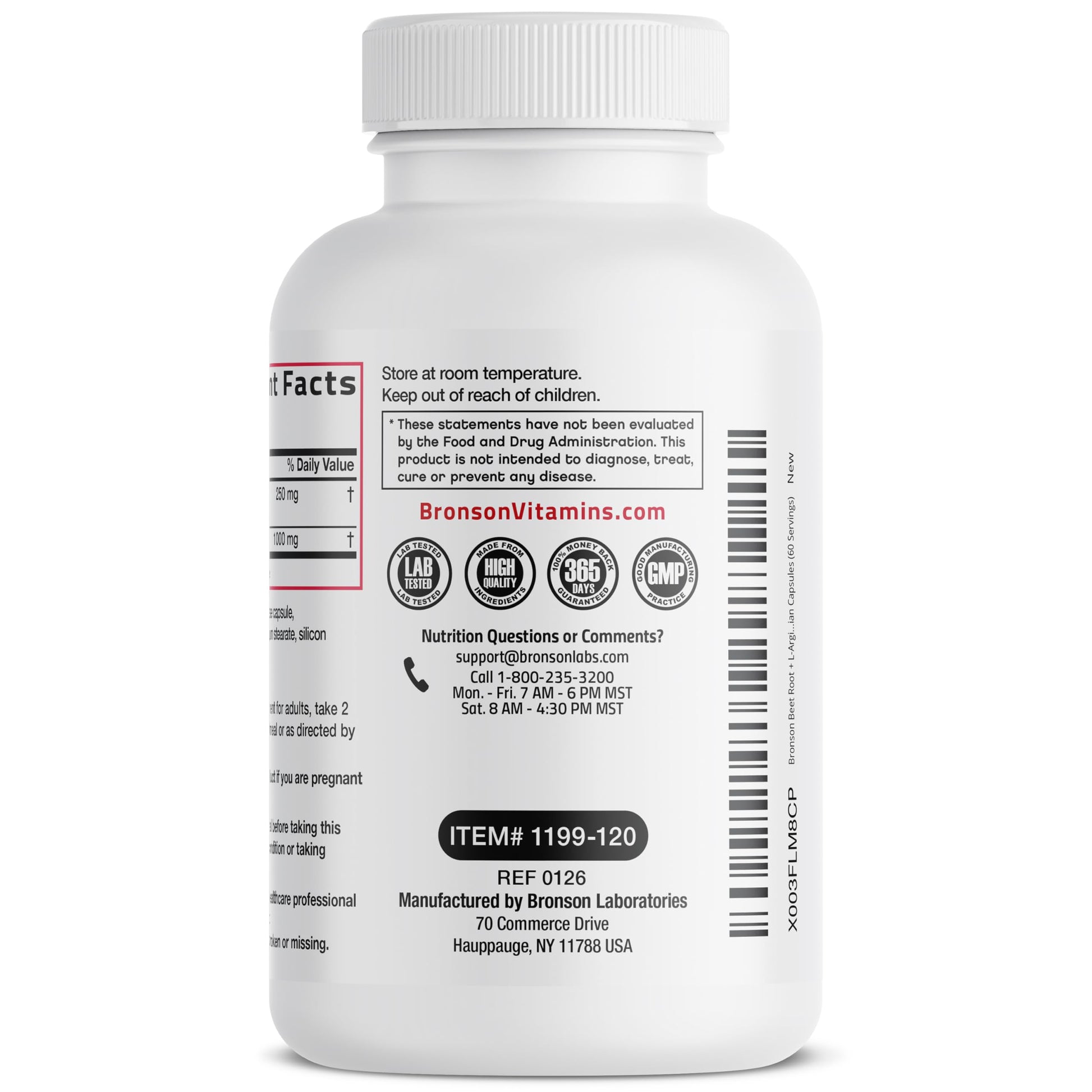 Close-up of the ingredient list and usage instructions on a bottle of Bronson Beet Root Plus L-Arginine capsules.