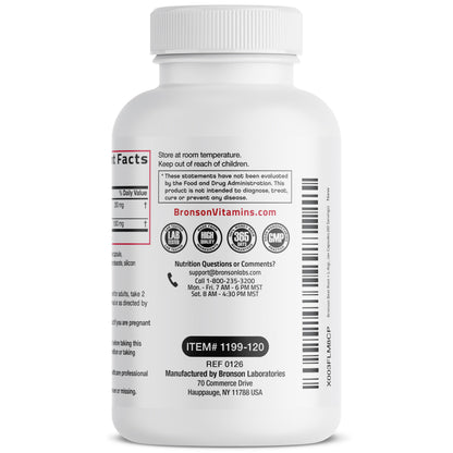 Close-up of the ingredient list and usage instructions on a bottle of Bronson Beet Root Plus L-Arginine capsules.