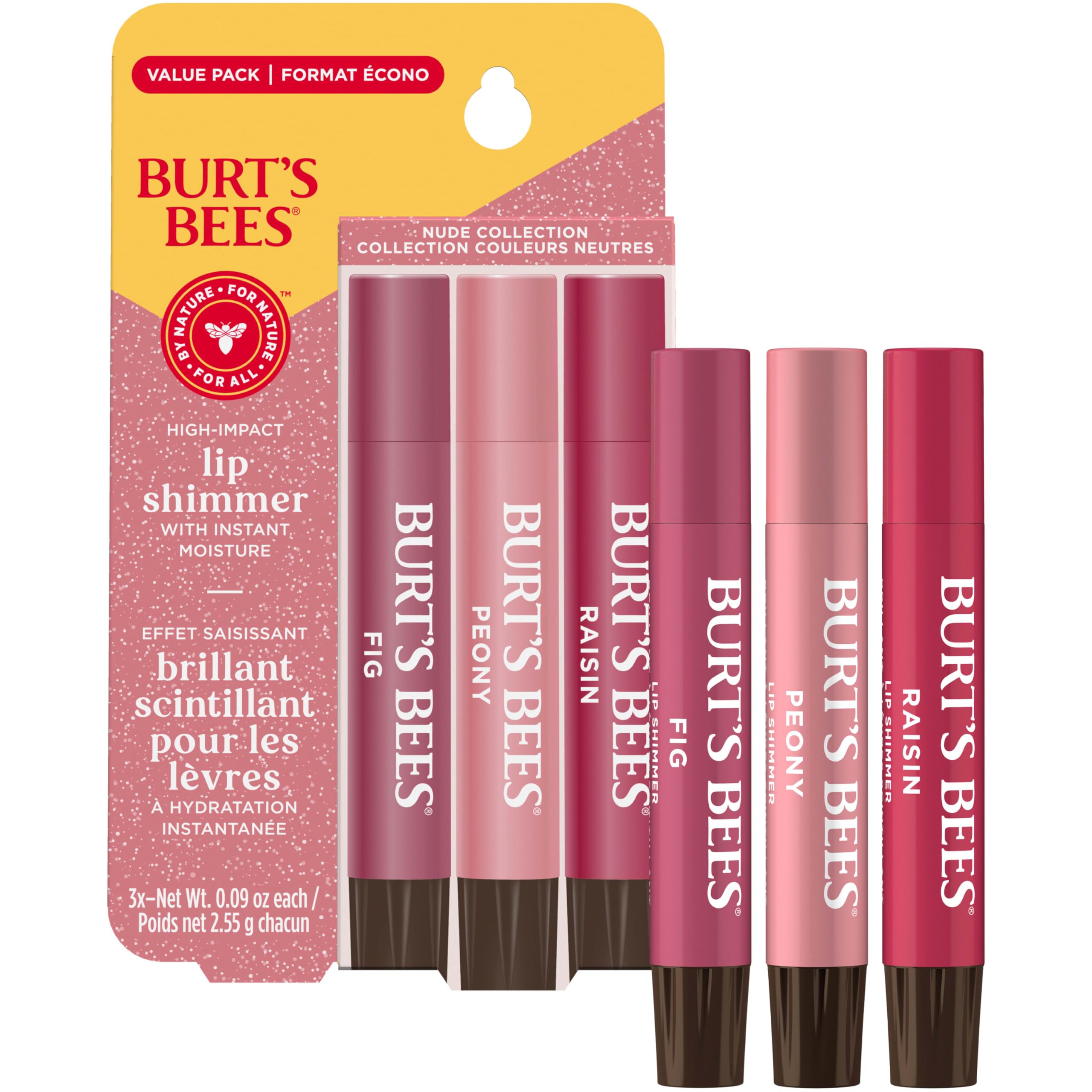 Burt's Bees tinted lip balm sticks in shades Fig, Peony, and Raisin uncapped.
