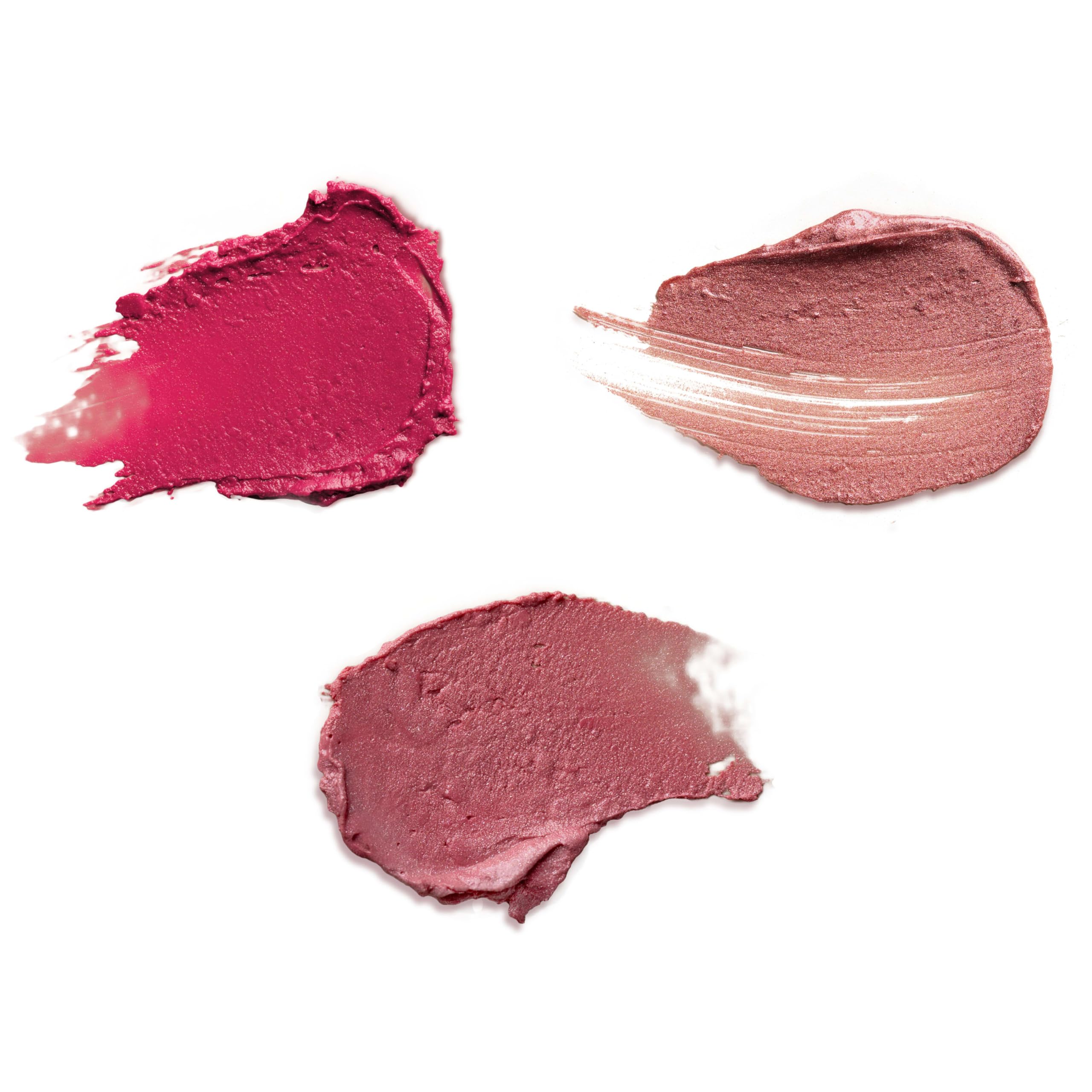Luminescent color swatches of the three warm nude shades on medium skin tone.