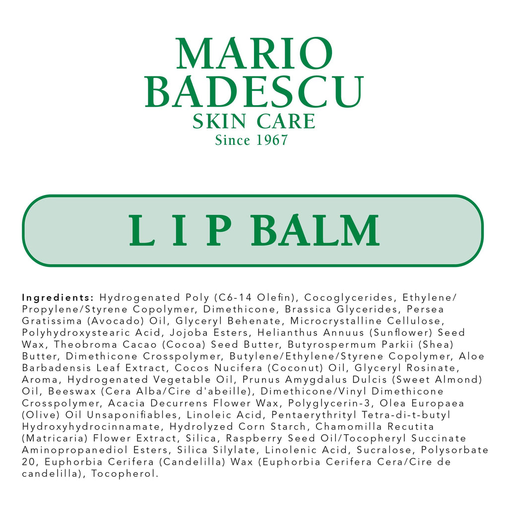 Mario Badescu lip balm packaging showcasing cruelty-free and USA formulation details