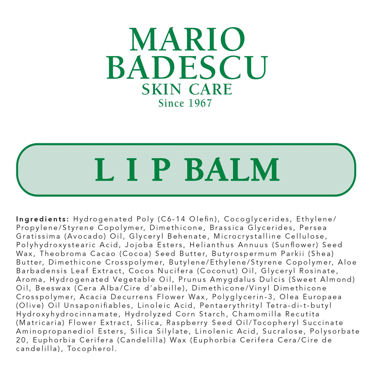 Mario Badescu lip balm packaging showcasing cruelty-free and USA formulation details