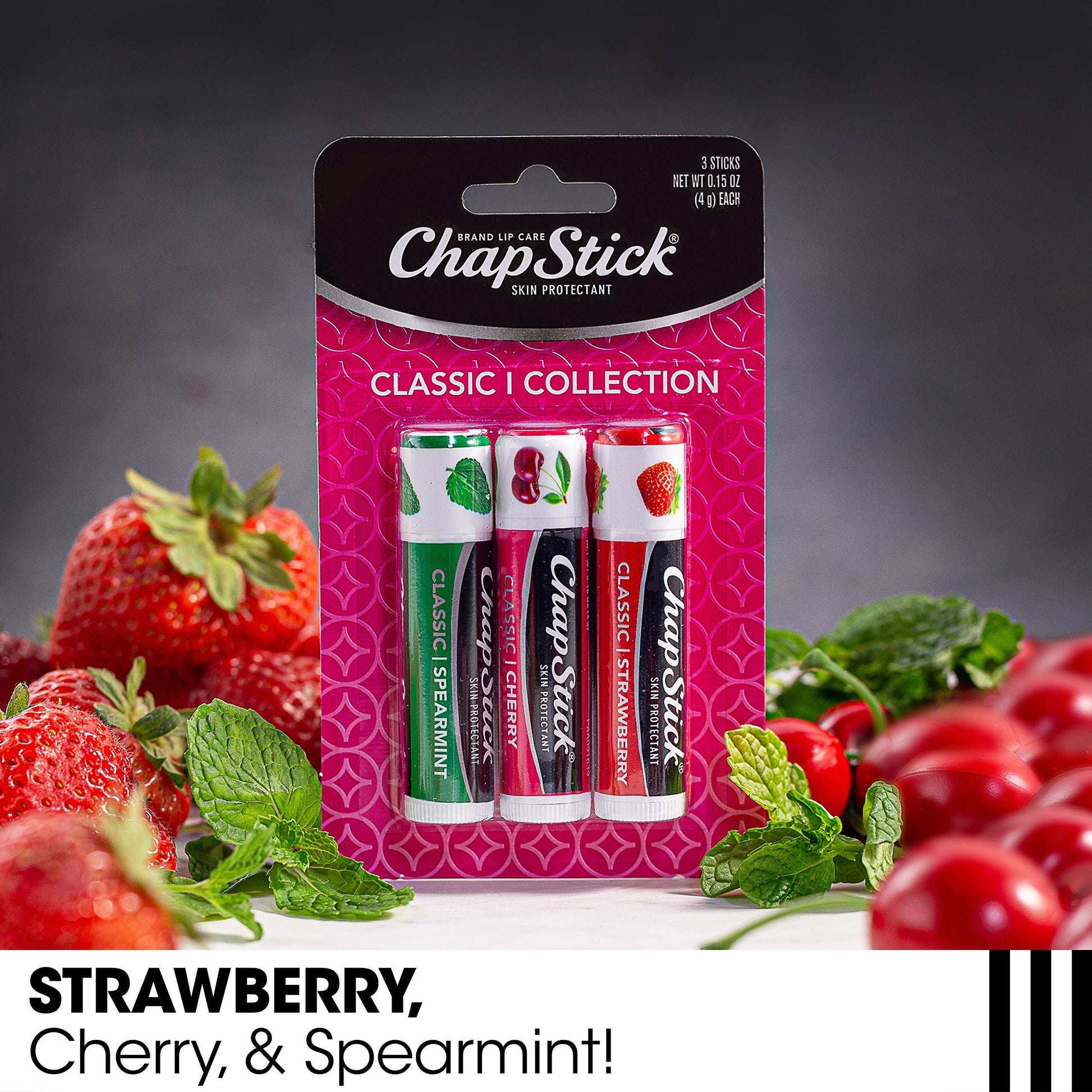 Close up of ChapStick classic lip balm tube showing cap and label