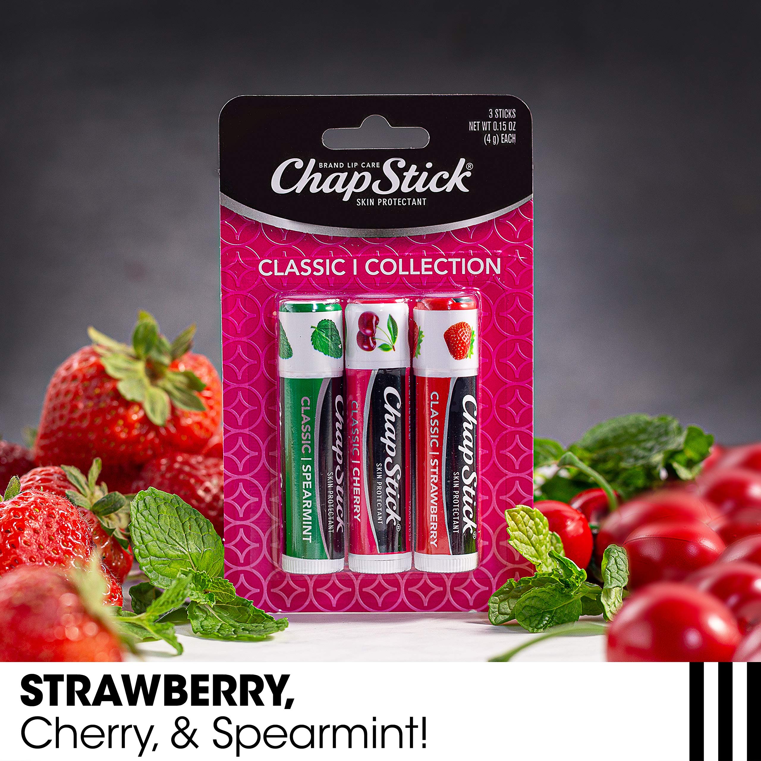 Close up of ChapStick classic lip balm tube showing cap and label